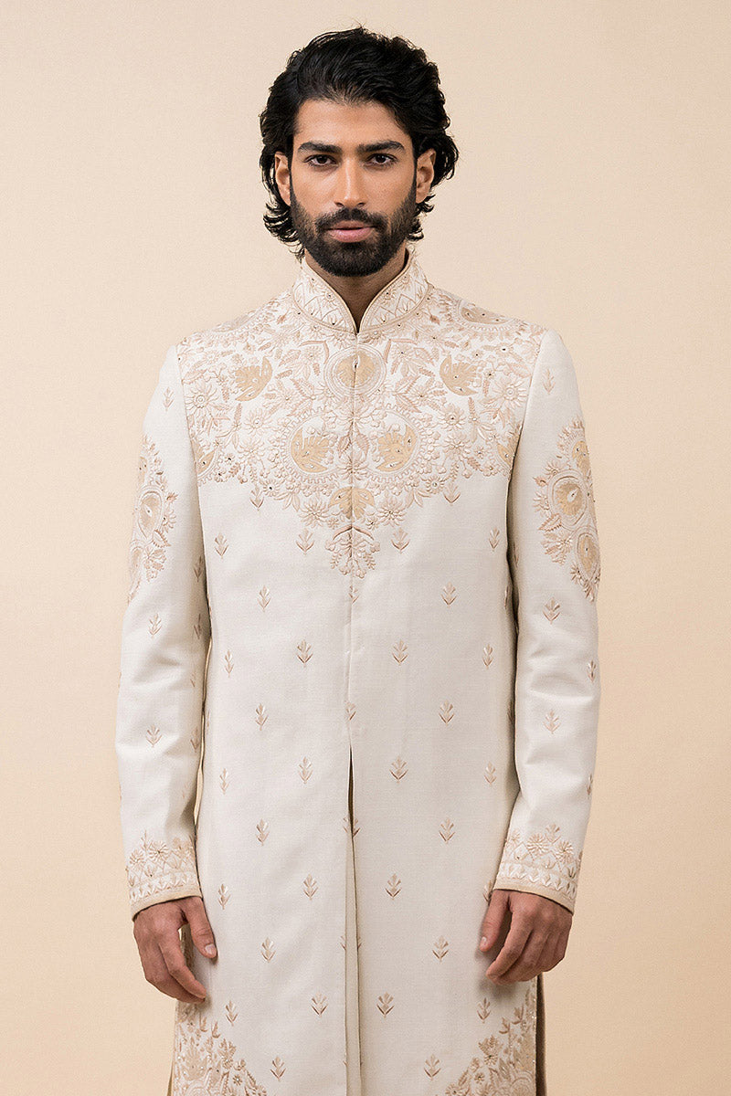 Ivory Applique Sherwani With Aari Embroidery