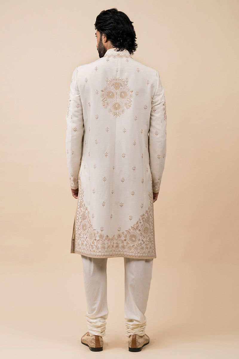 Ivory Applique Sherwani With Aari Embroidery