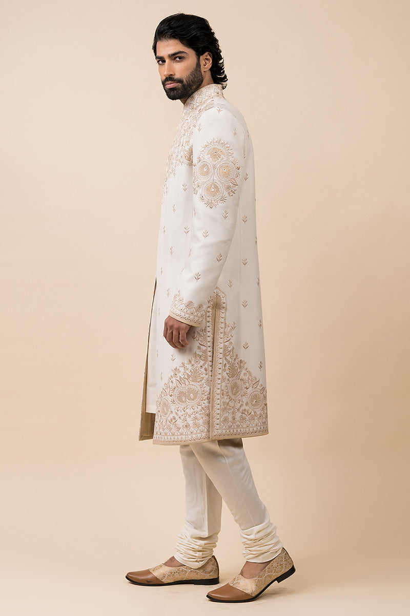 Ivory Applique Sherwani With Aari Embroidery