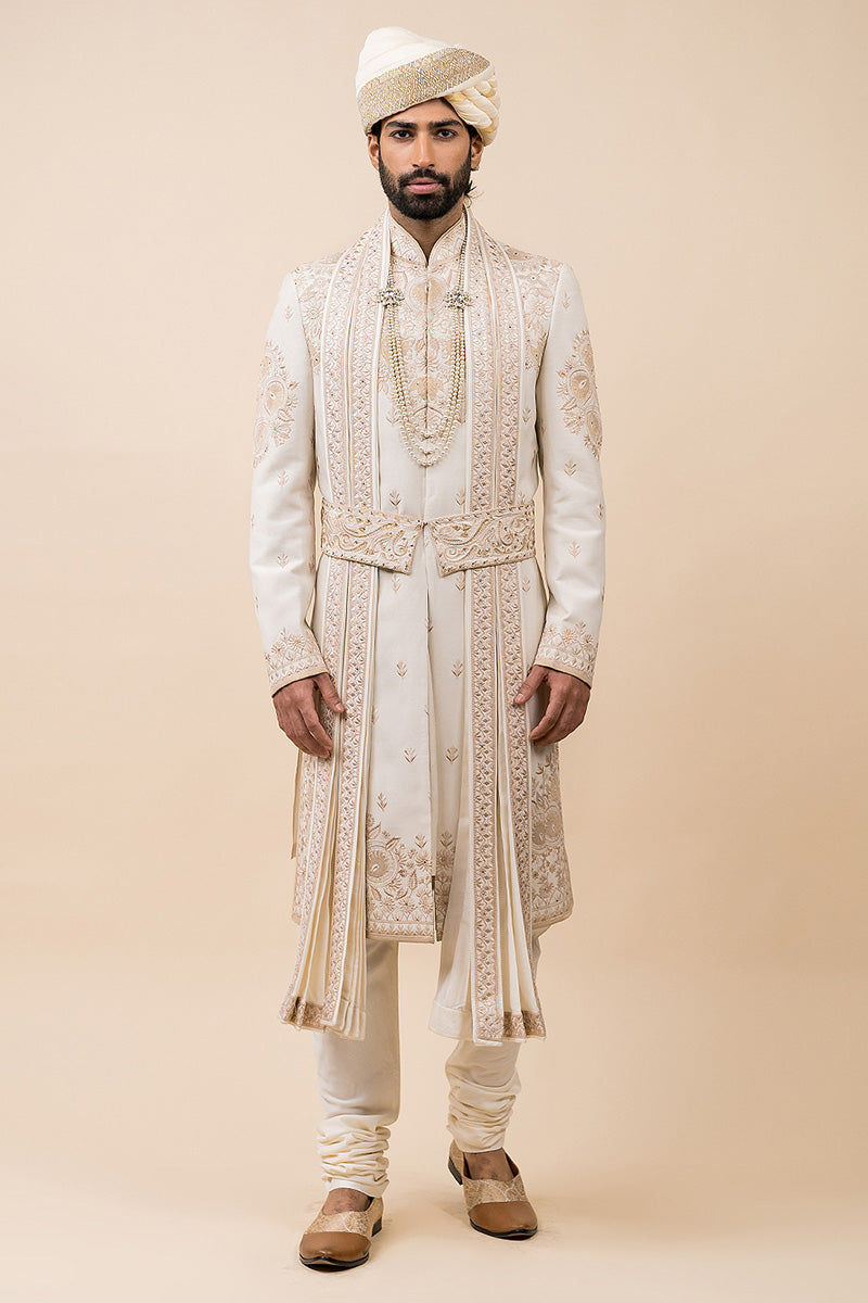 Ivory Applique Sherwani With Aari Embroidery