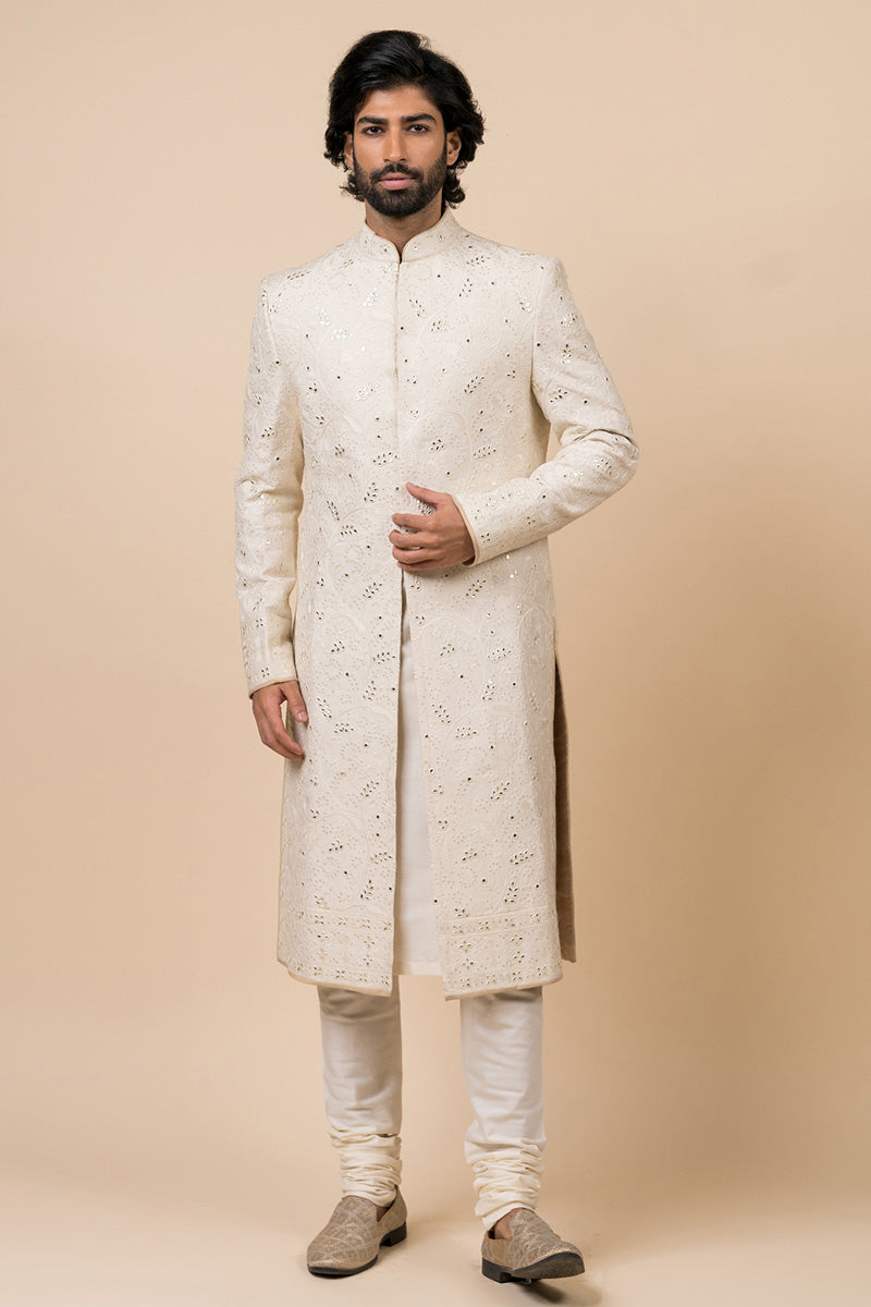 Ivory Sherwani In Thread And Gota Work