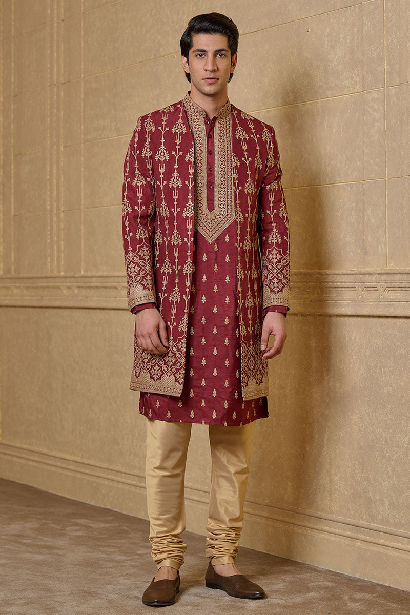 Rust Open Front Embroidered Sherwani