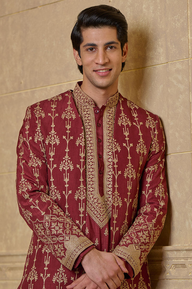 Rust Open Front Embroidered Sherwani