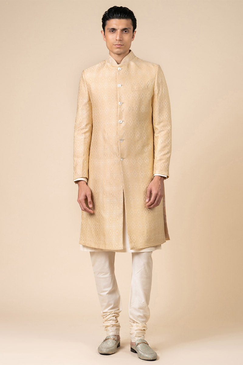 Gold Classic Sherwani With Embroidered Collar