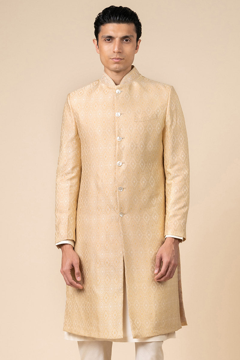 Gold Classic Sherwani With Embroidered Collar