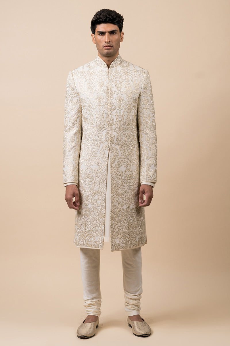 Ivory All Over Embroidered Georgette Sherwani