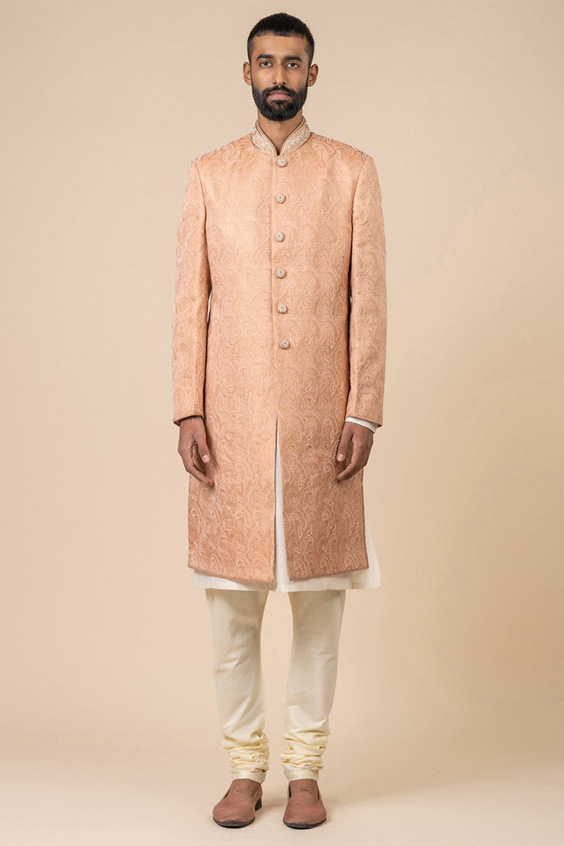 Peach All Over Embroidered Brocade Sherwani