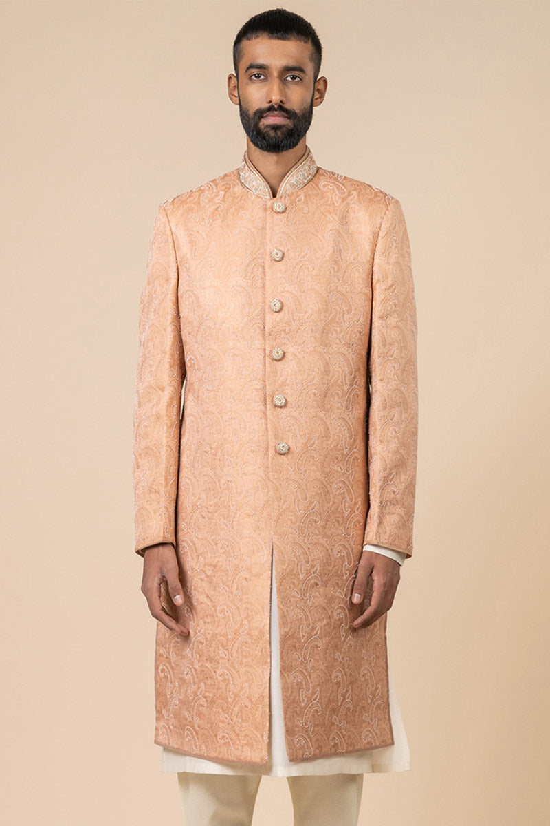 Peach All Over Embroidered Brocade Sherwani