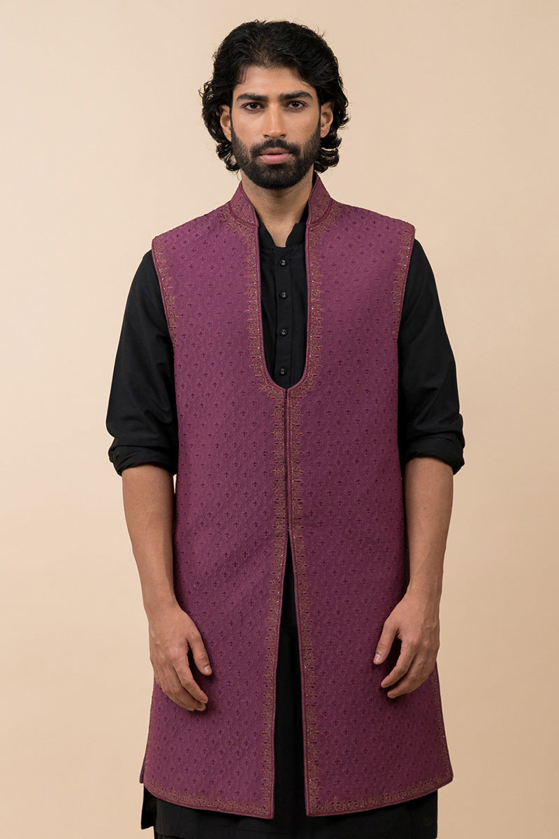 Dark Purple Zari Quilted Sleeveless Sherwani