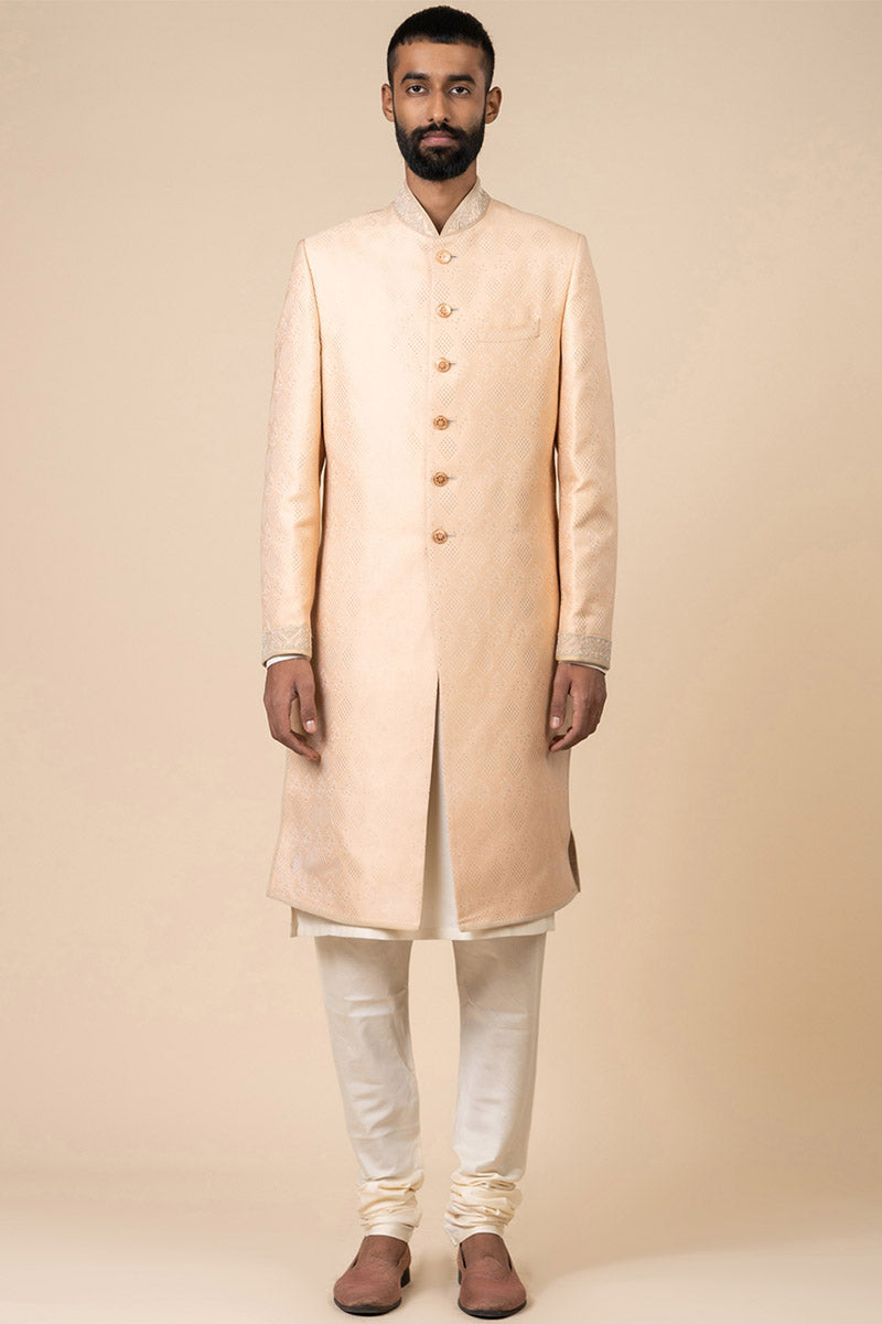 Peach Brocade Sherwani with Embroidered Collar