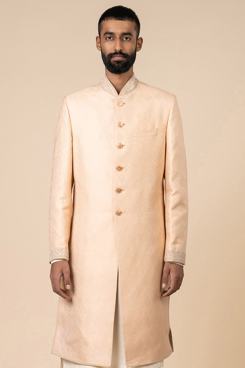 Peach Brocade Sherwani with Embroidered Collar