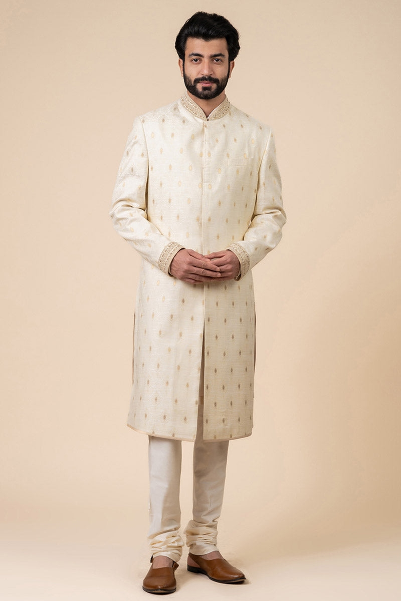 Ivory Classic Sherwani With Embroidered Collar