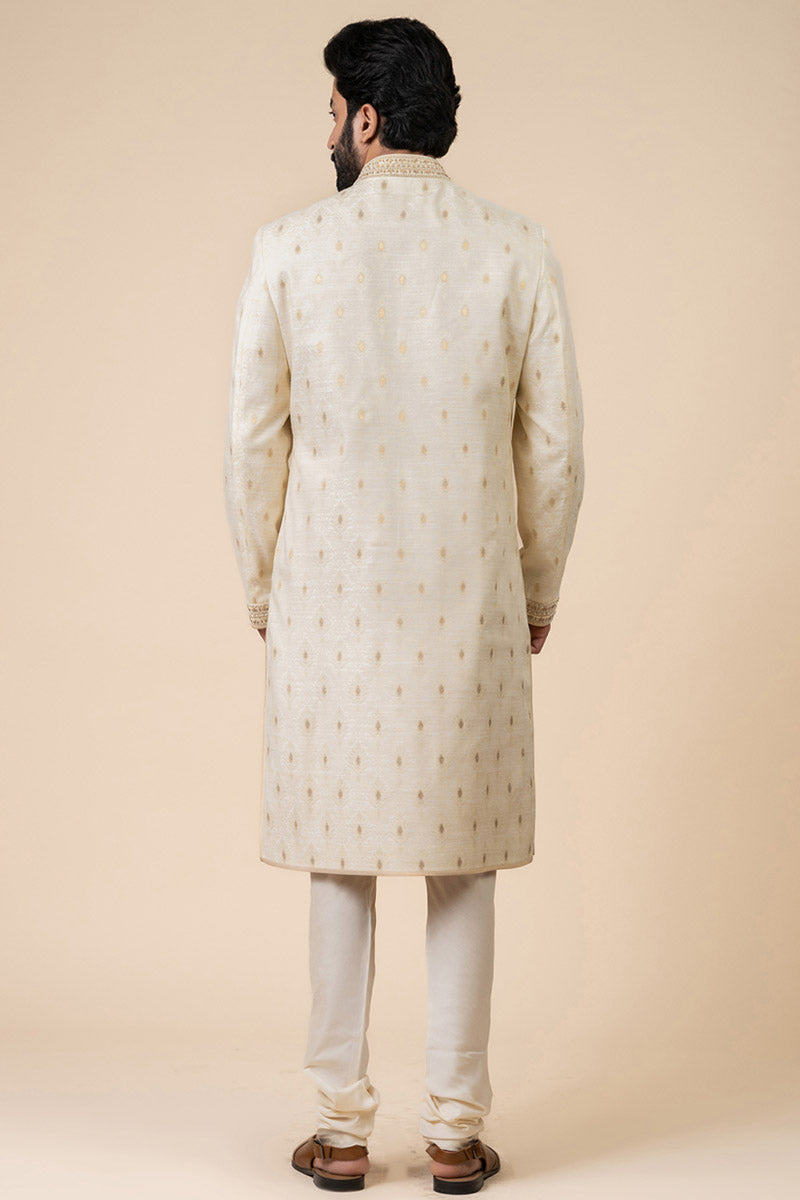 Ivory Classic Sherwani With Embroidered Collar