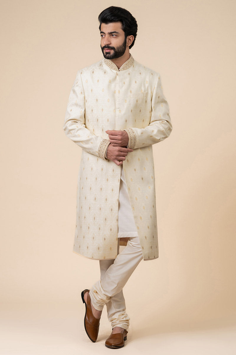 Ivory Classic Sherwani With Embroidered Collar