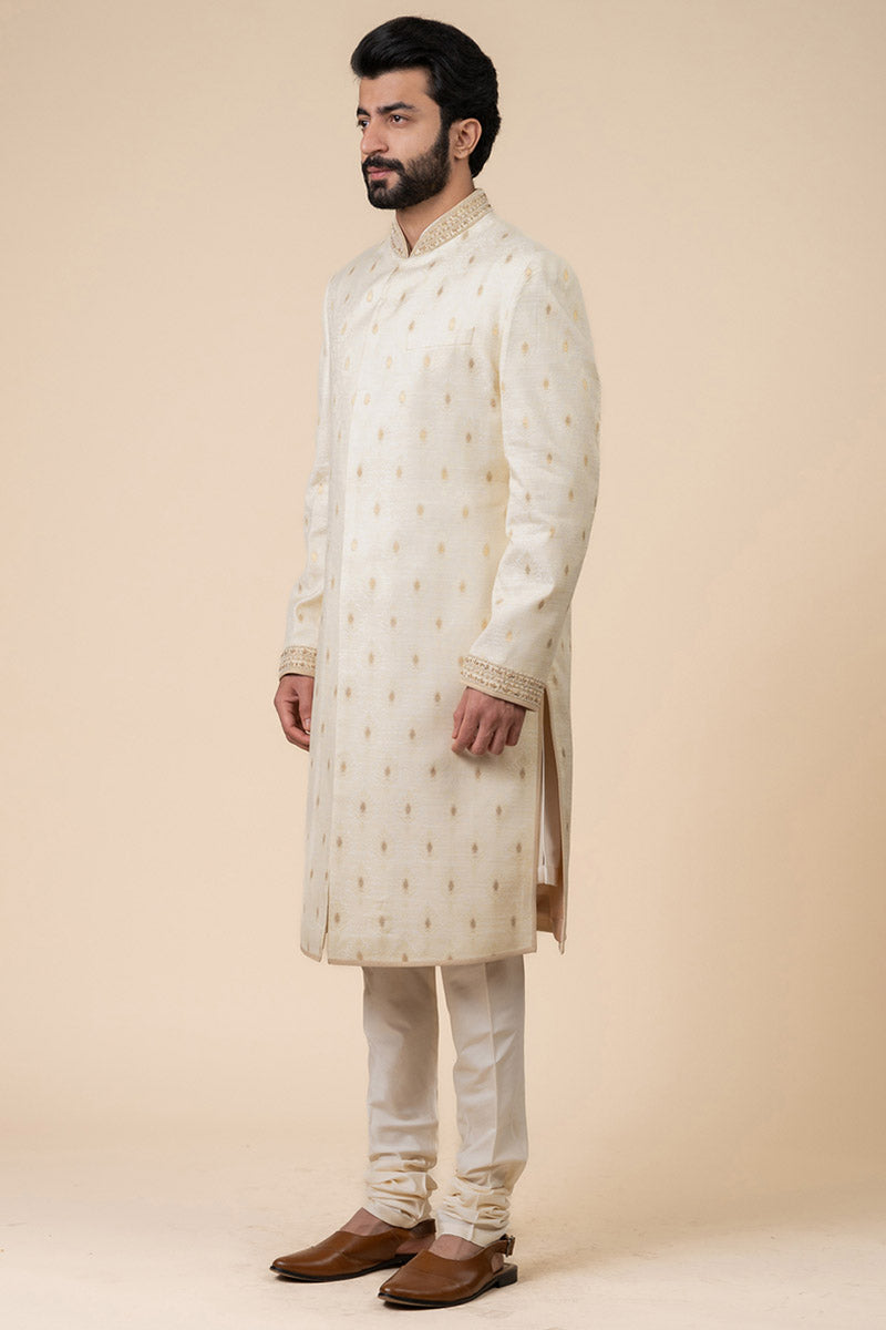 Ivory Classic Sherwani With Embroidered Collar