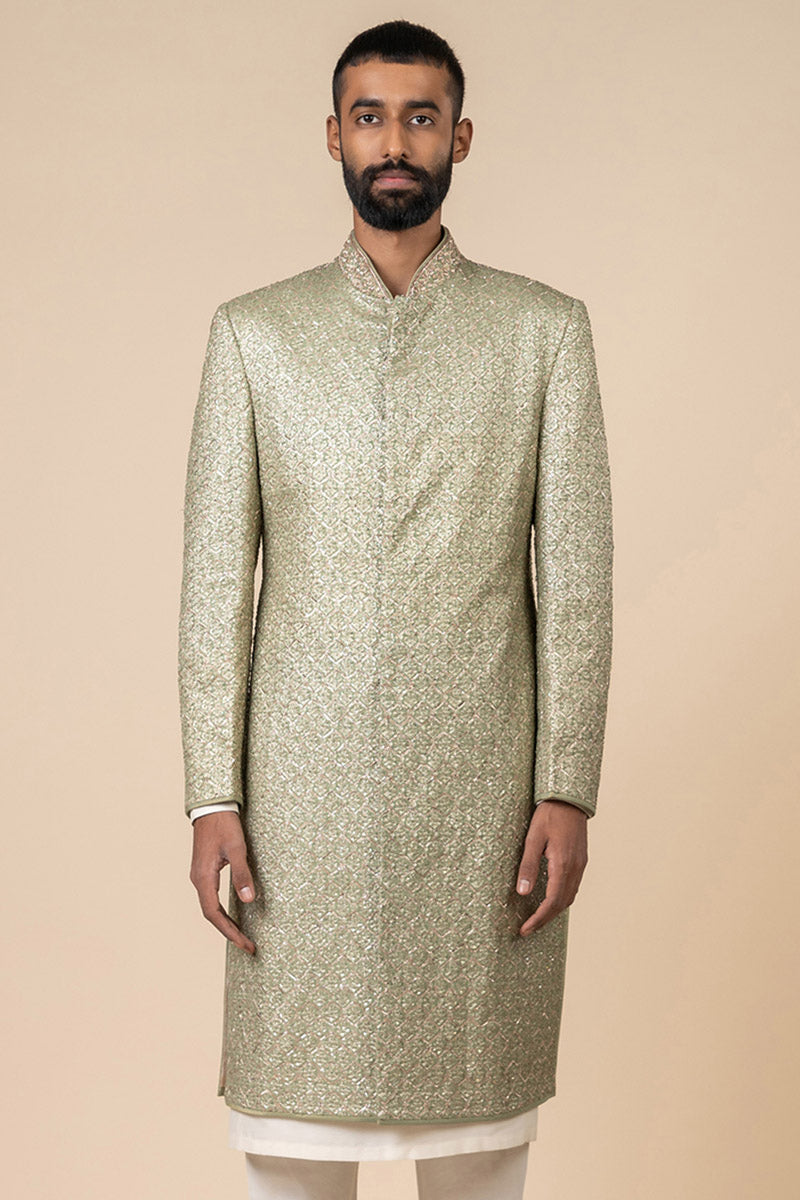 Light Green All Over Embroidered Brocade Sherwani