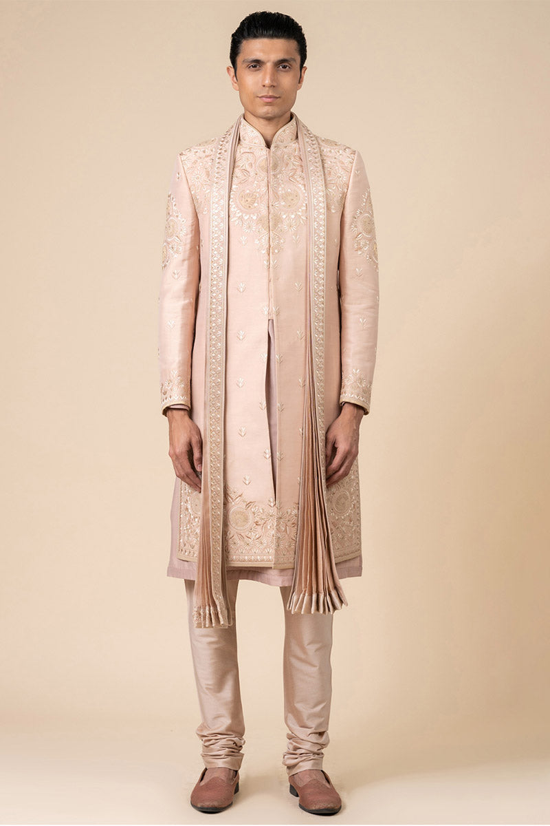 Pink Applique Sherwani With Aari Embroidery