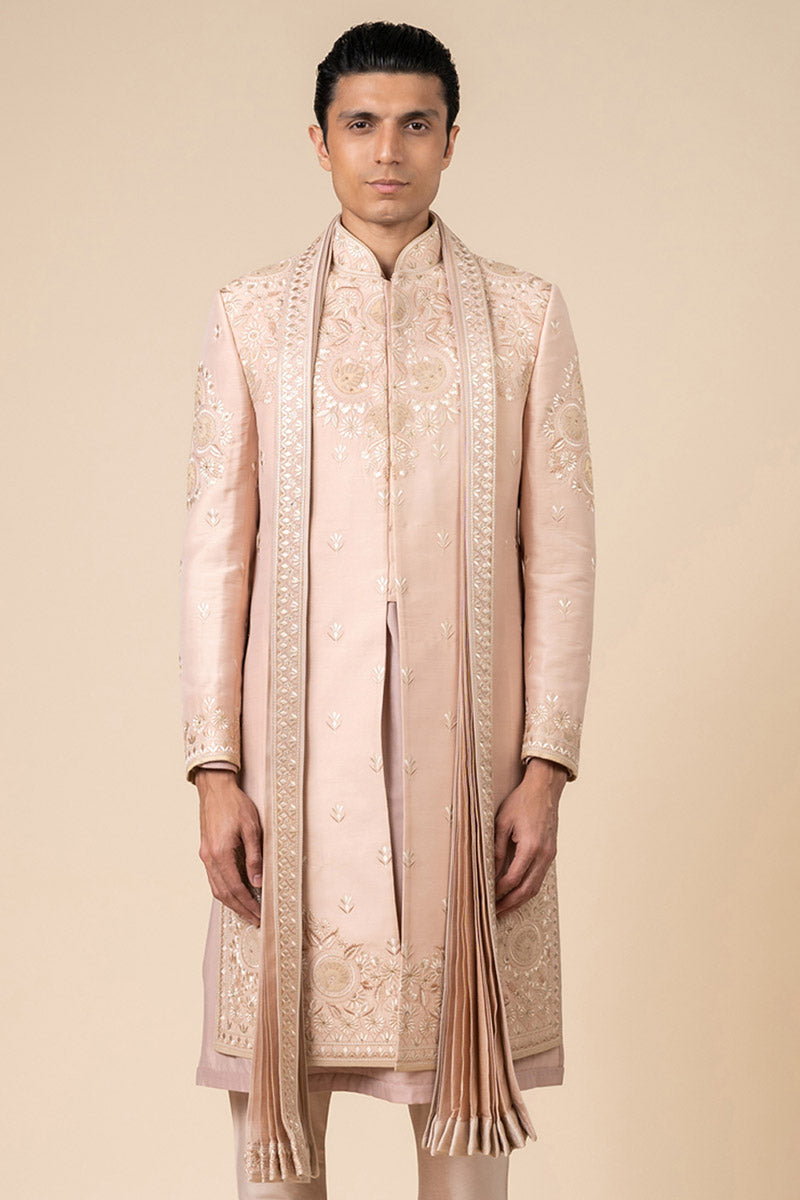 Pink Applique Sherwani With Aari Embroidery