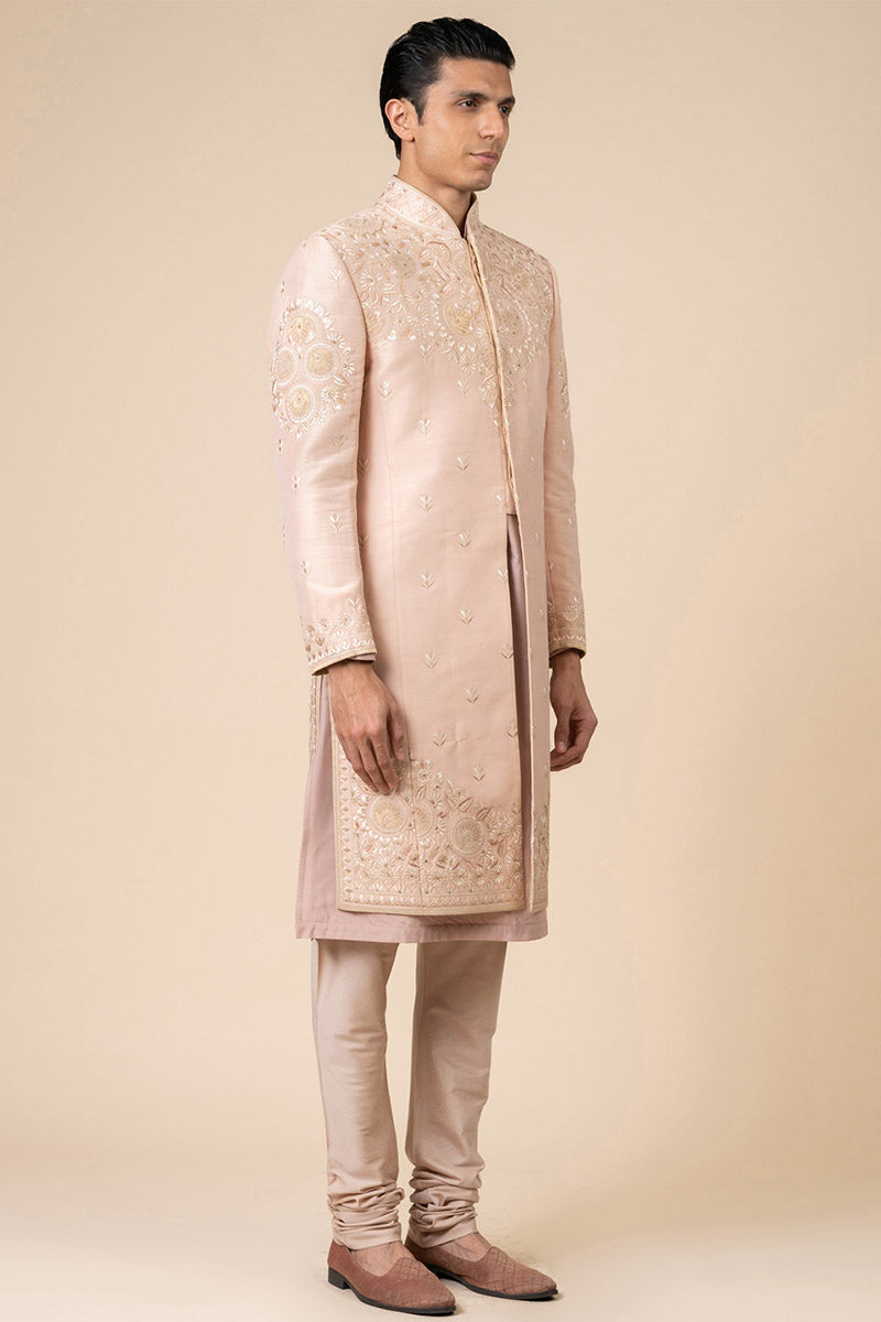 Pink Applique Sherwani With Aari Embroidery