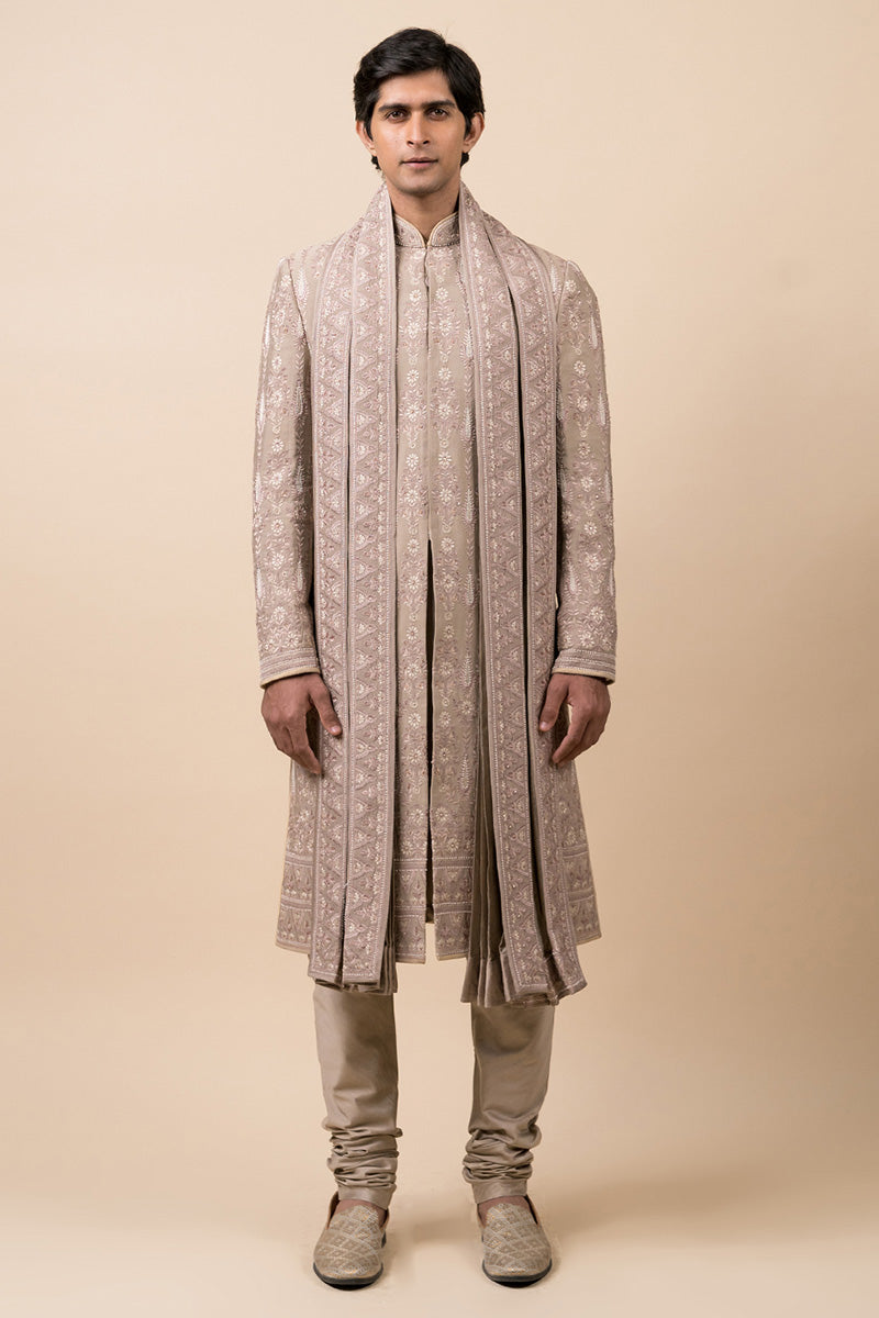 Medium Grey Embroidered Sherwani With Hand Highlights