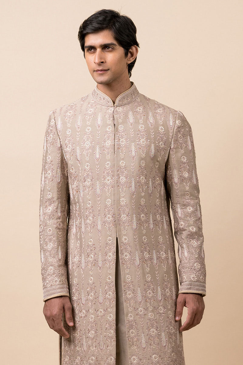 Medium Grey Embroidered Sherwani With Hand Highlights