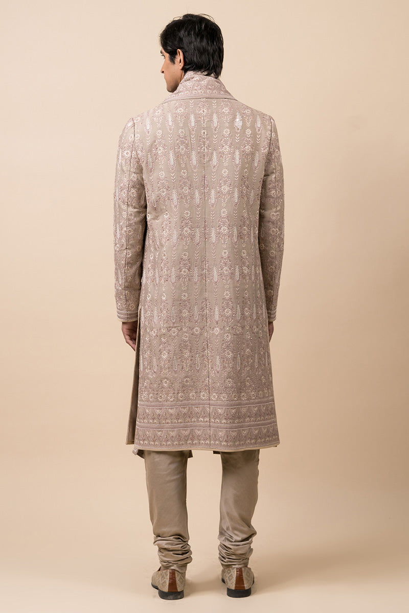 Medium Grey Embroidered Sherwani With Hand Highlights