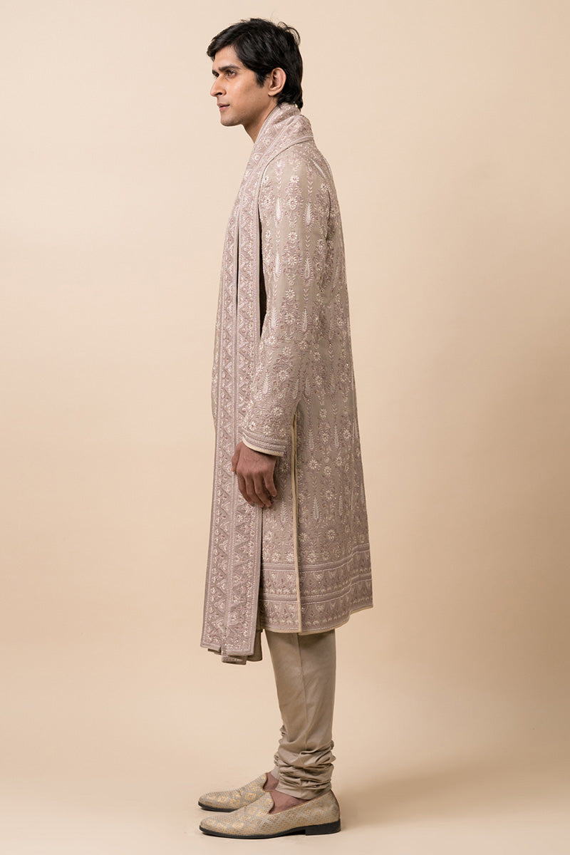 Medium Grey Embroidered Sherwani With Hand Highlights