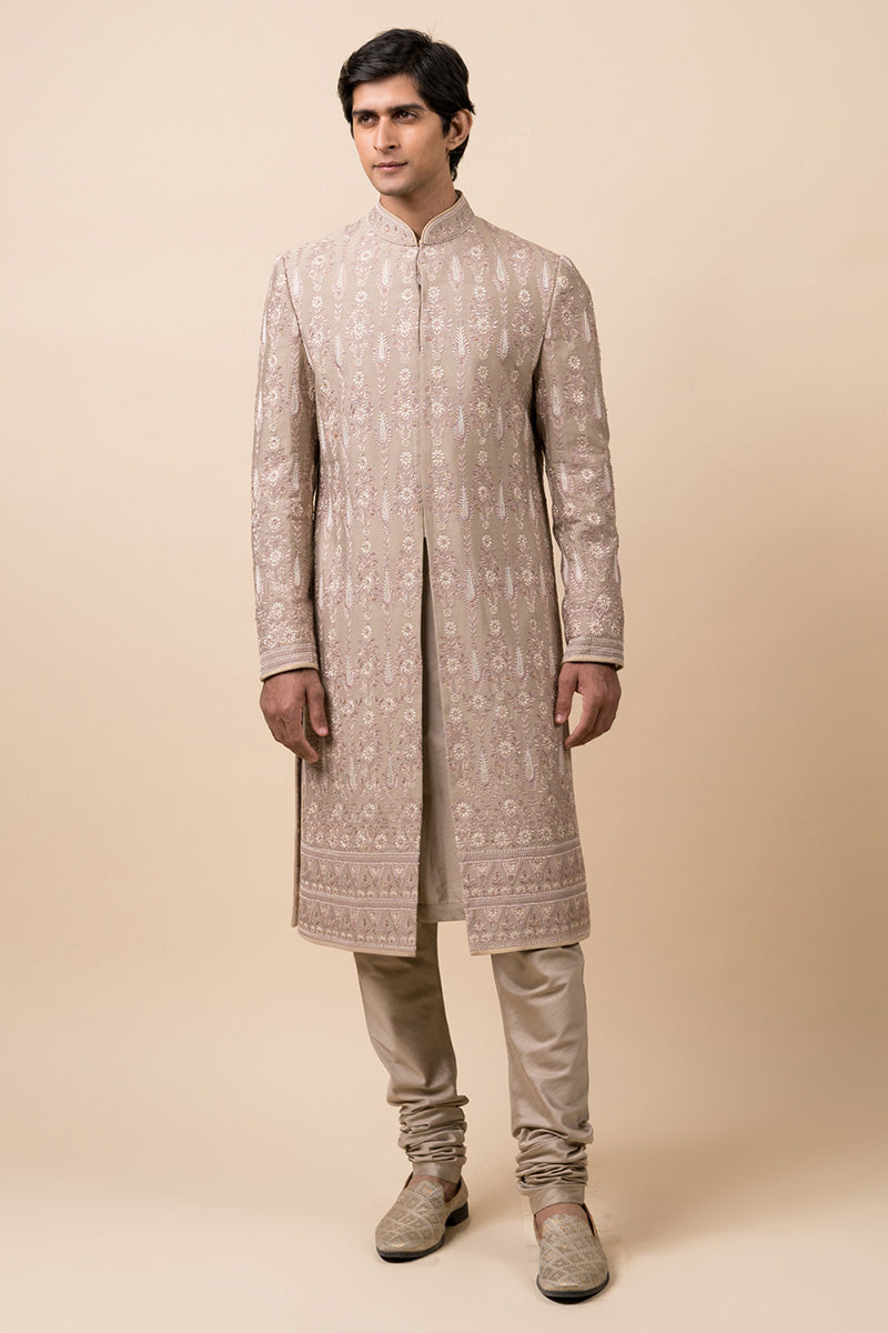 Medium Grey Embroidered Sherwani With Hand Highlights