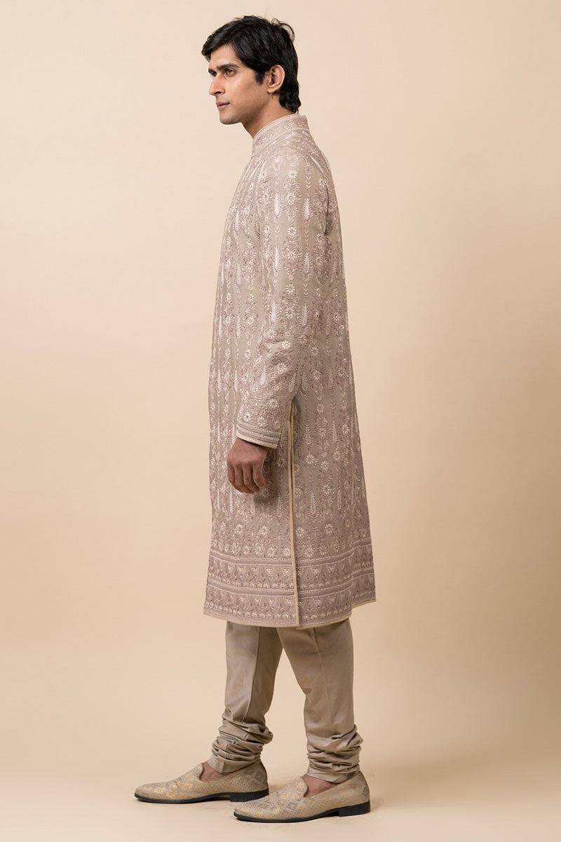 Medium Grey Embroidered Sherwani With Hand Highlights