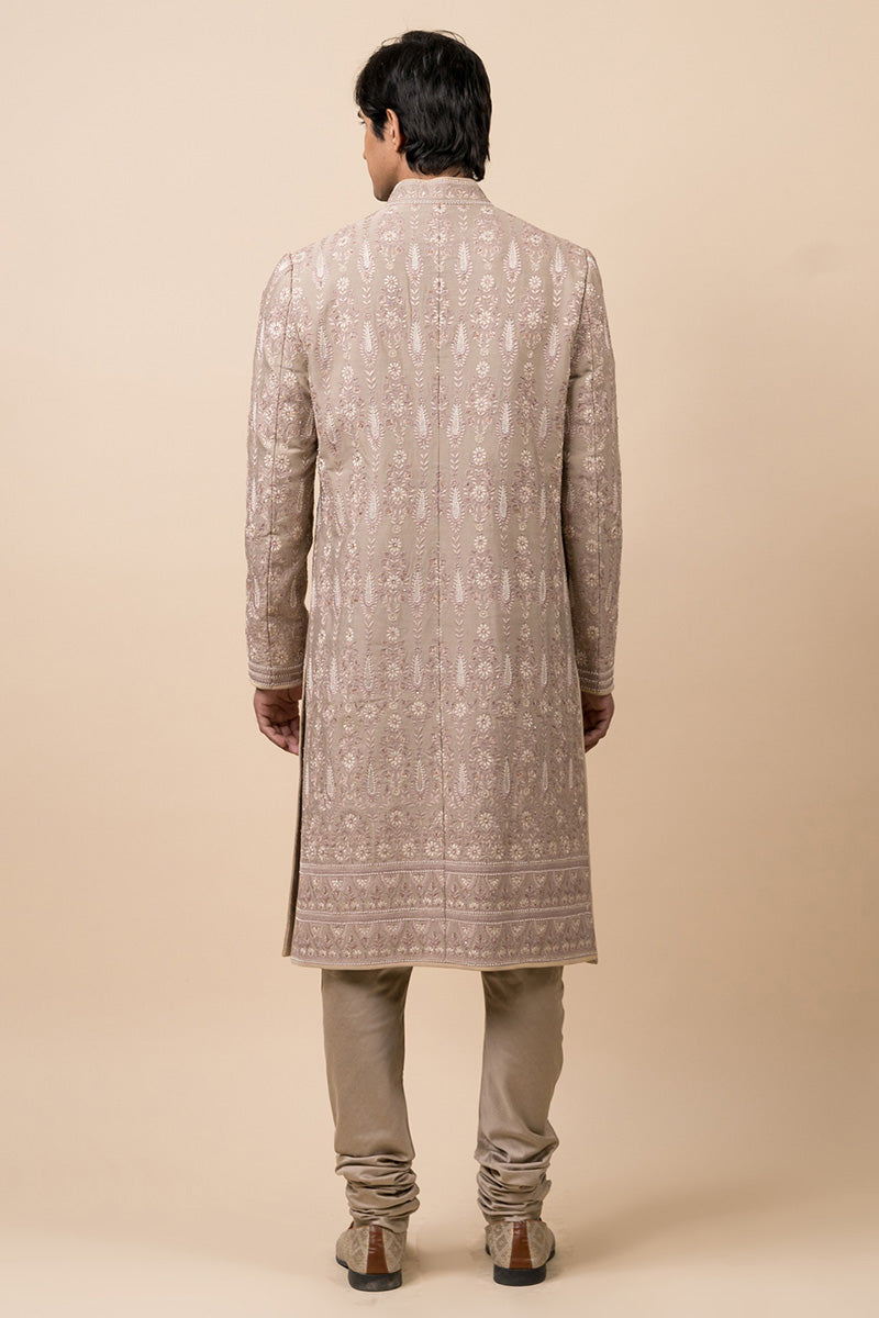 Medium Grey Embroidered Sherwani With Hand Highlights