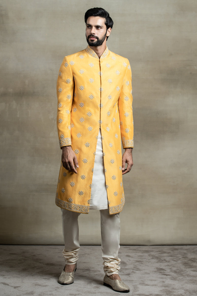 Yellow Silk Sherwani With All Over Dori, Resham And Kasab Work