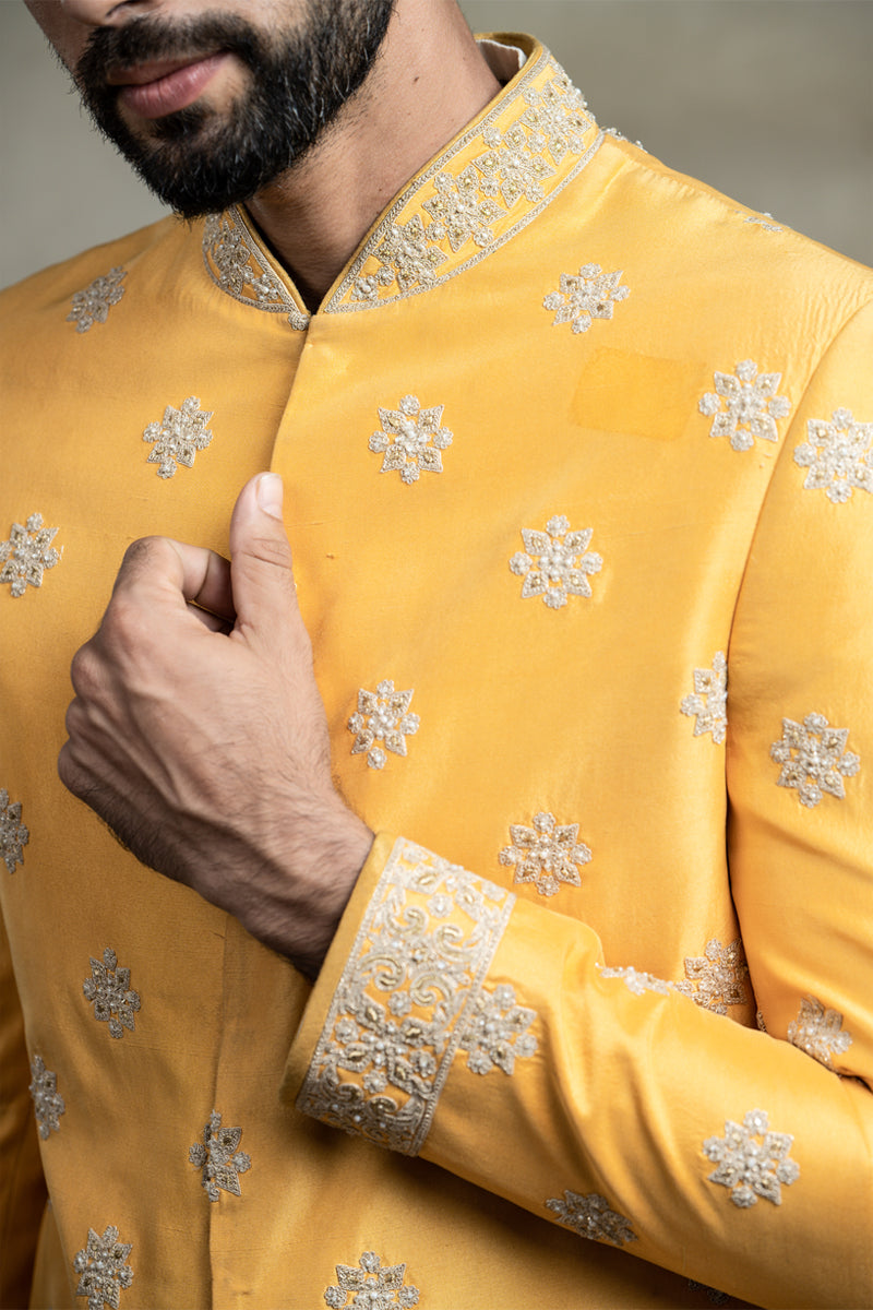 Yellow Silk Sherwani With All Over Dori, Resham And Kasab Work