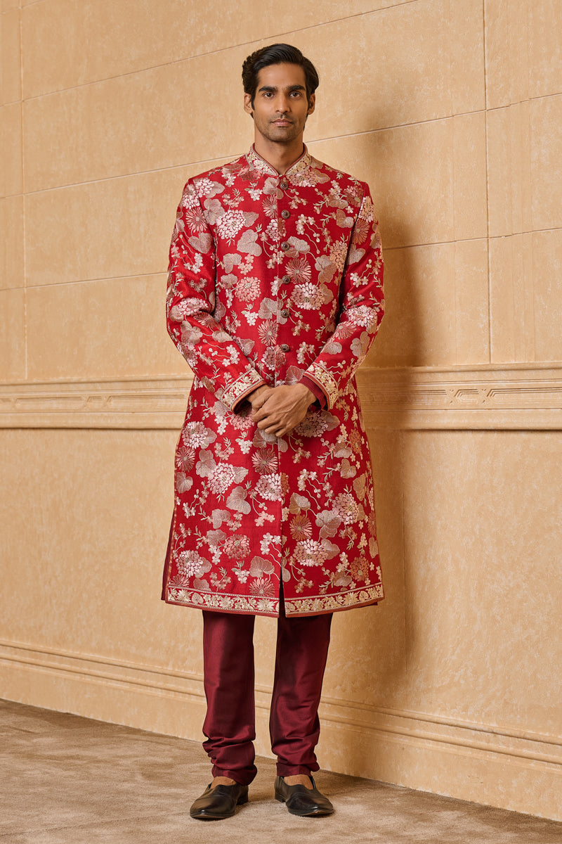 Maroon All Over Dori Floral Embroidered Sherwani