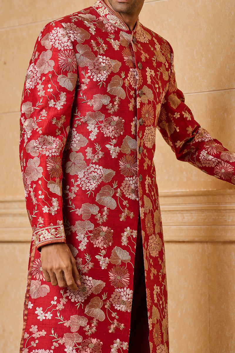 Maroon All Over Dori Floral Embroidered Sherwani