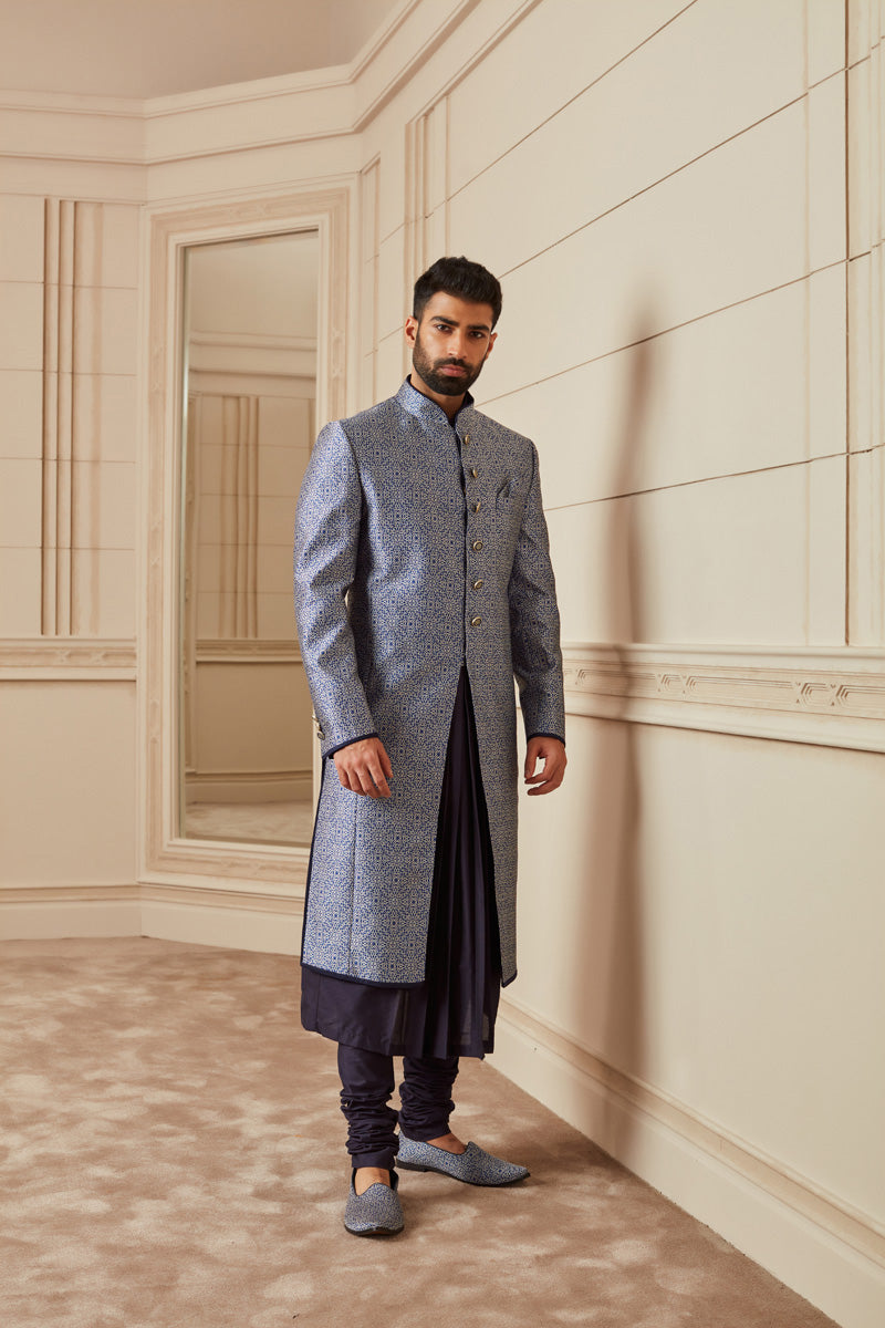 Medium Blue Resham Brocade Sherwani