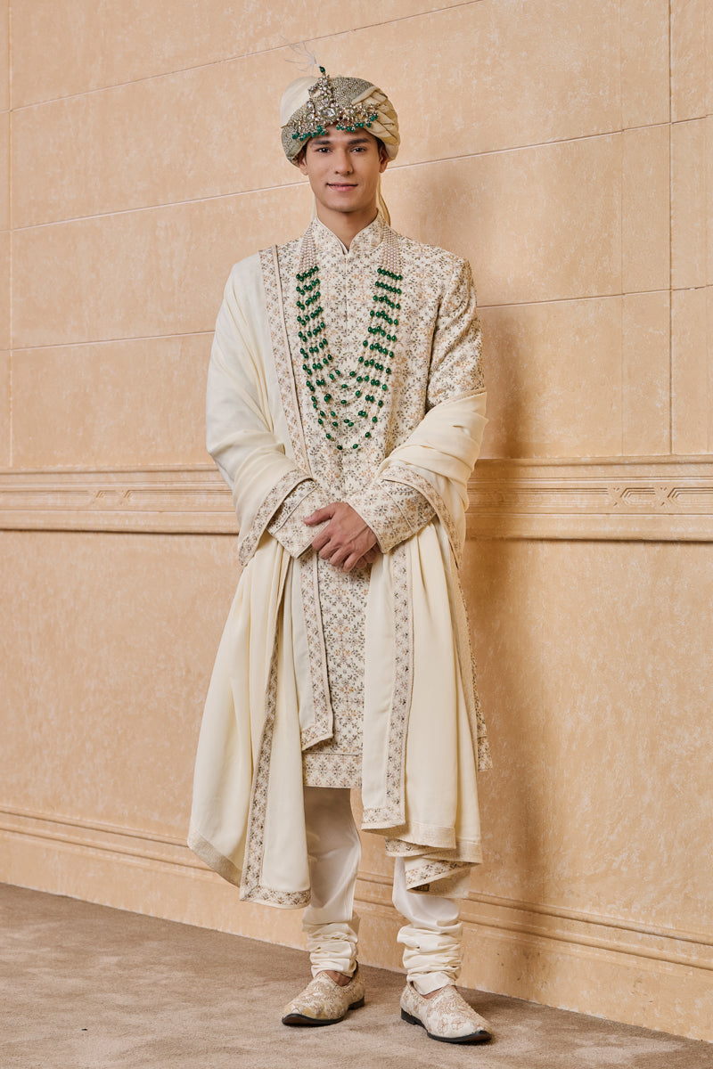 Ivory All Over Embroidered Sherwani With Stole