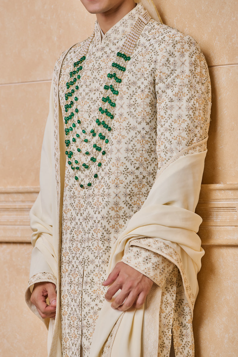 Ivory All Over Embroidered Sherwani With Stole