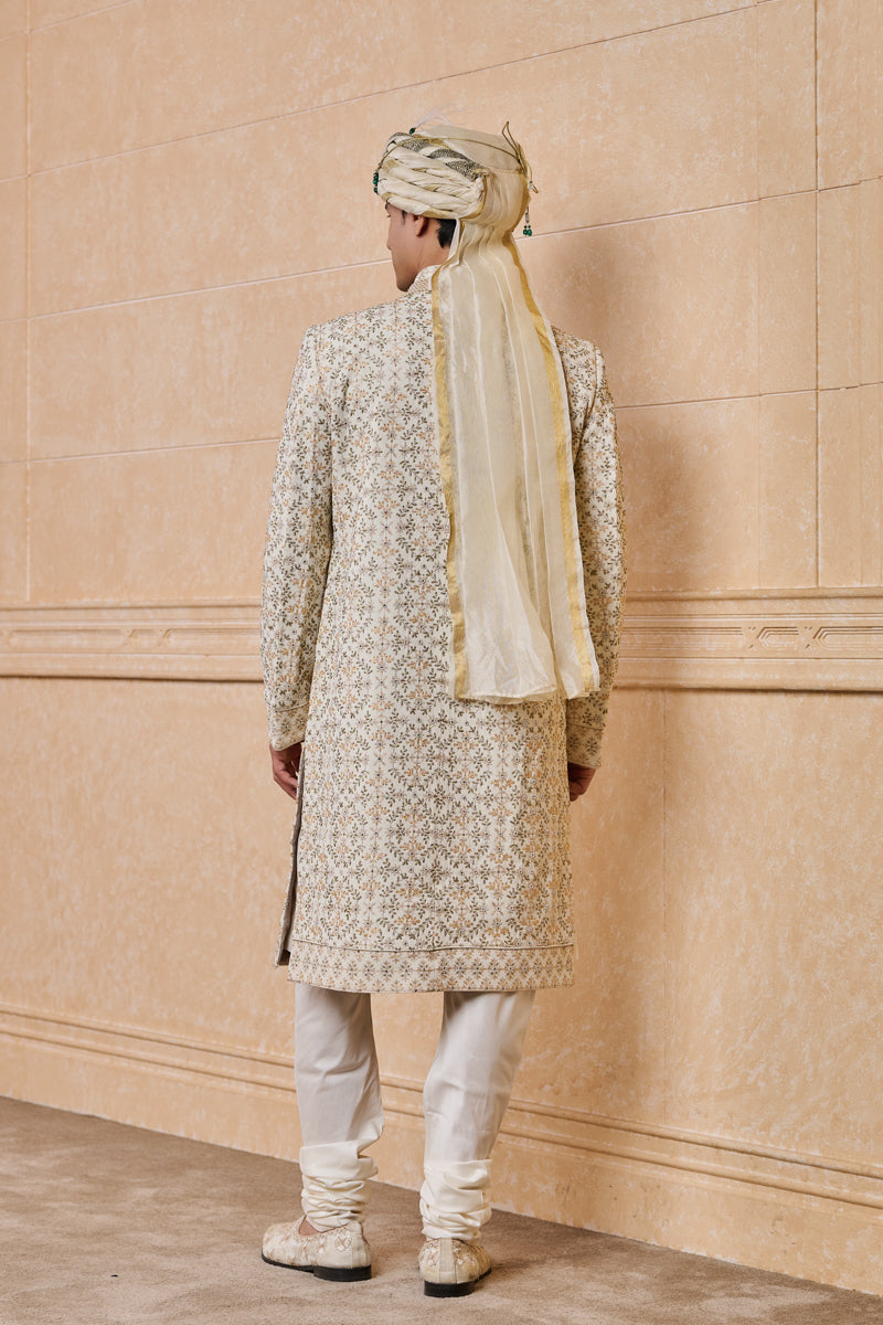 Ivory All Over Embroidered Sherwani With Stole