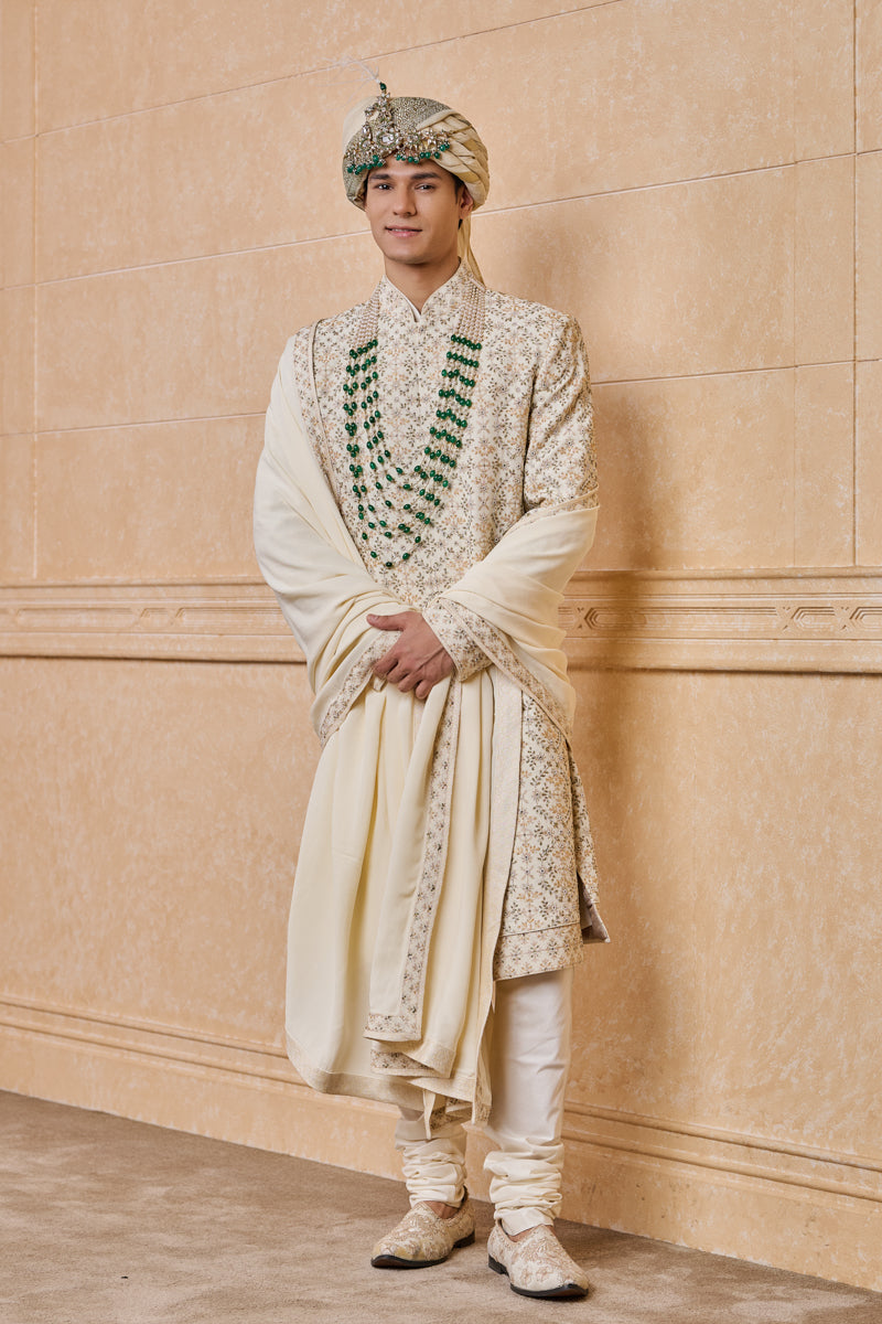 Ivory All Over Embroidered Sherwani With Stole