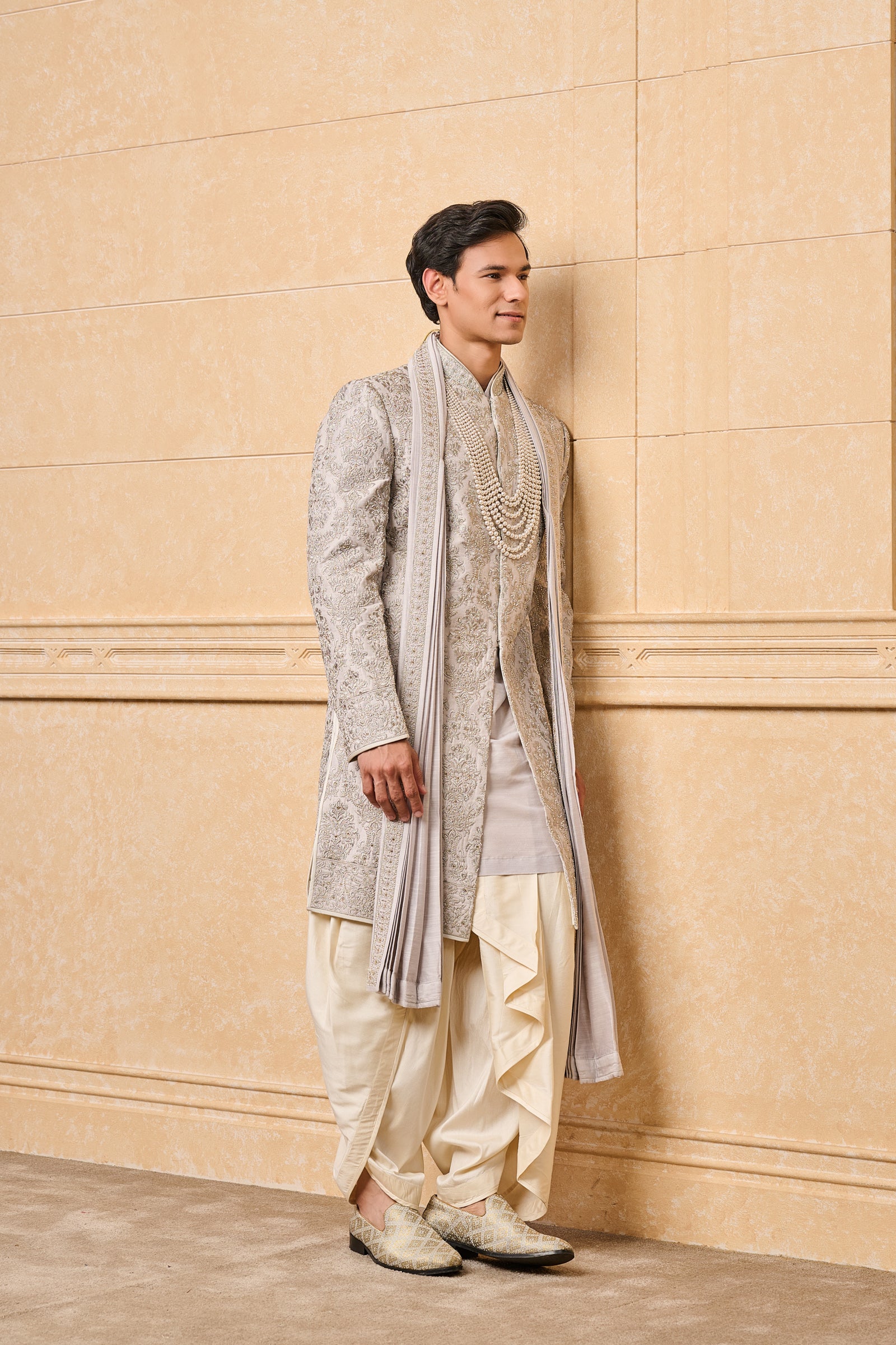 Light Blue All Over Embroidered Sherwani With Stole