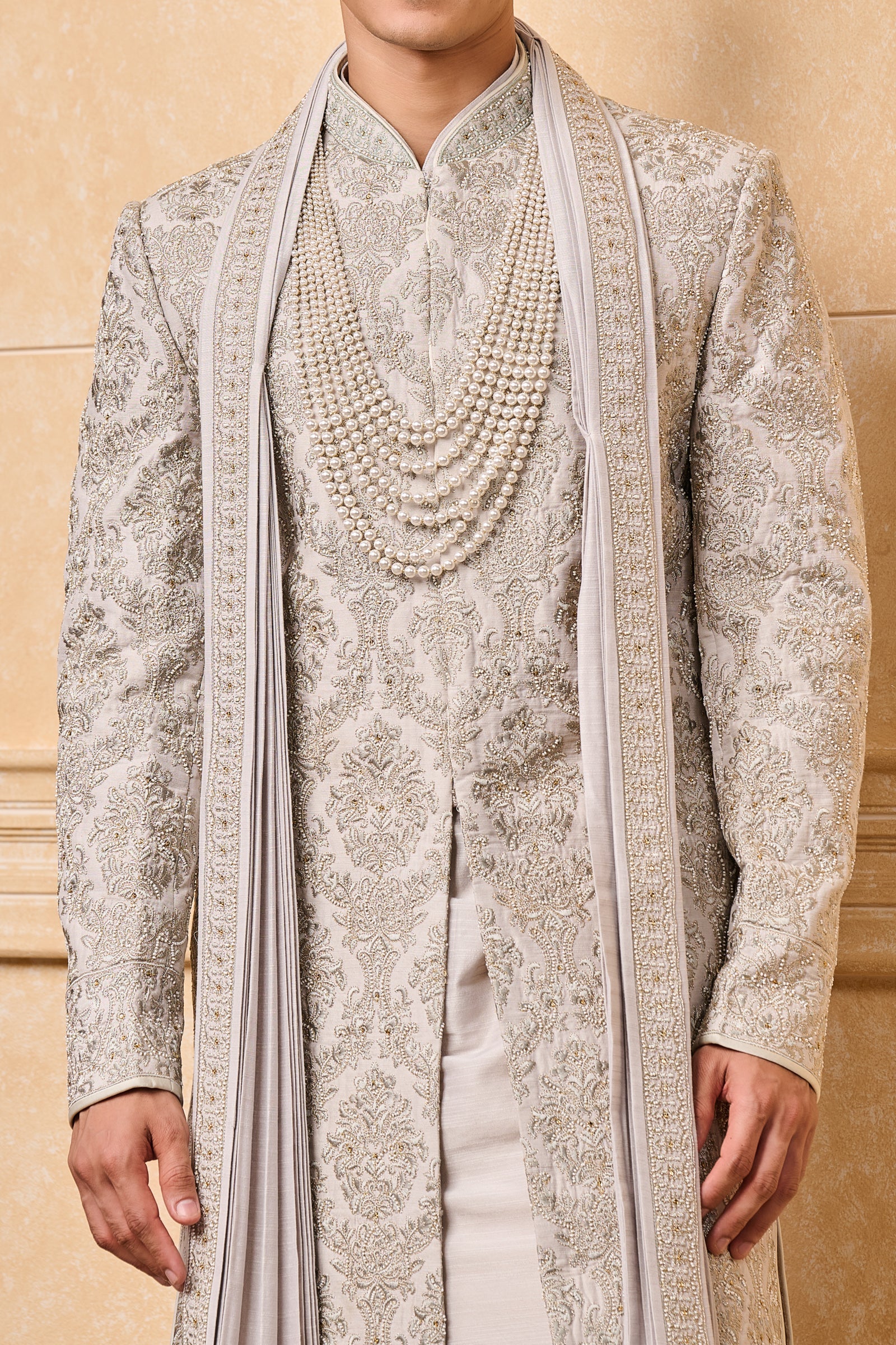 Light Blue All Over Embroidered Sherwani With Stole