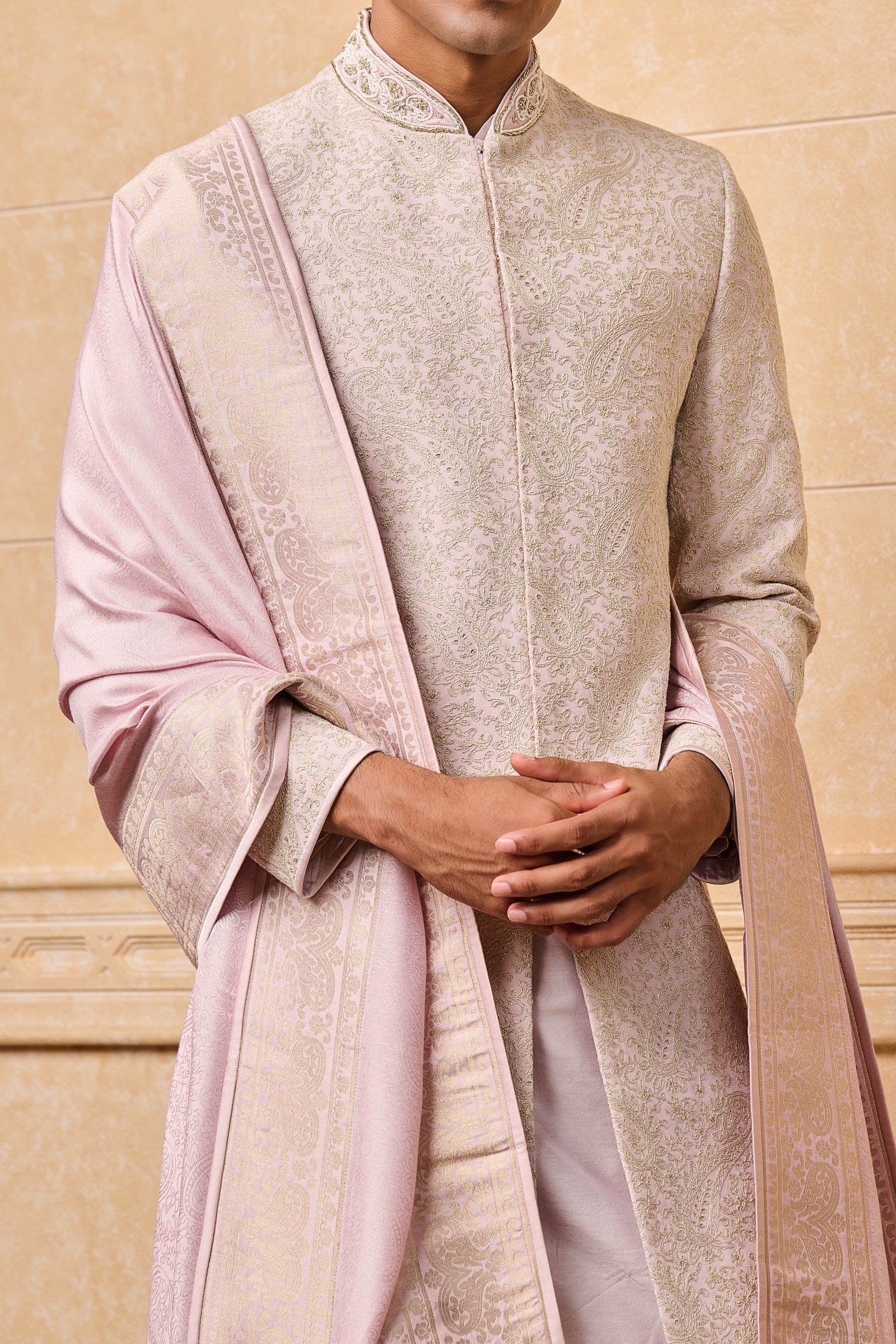 Lilac All Over Embroidered Sherwani With Stole