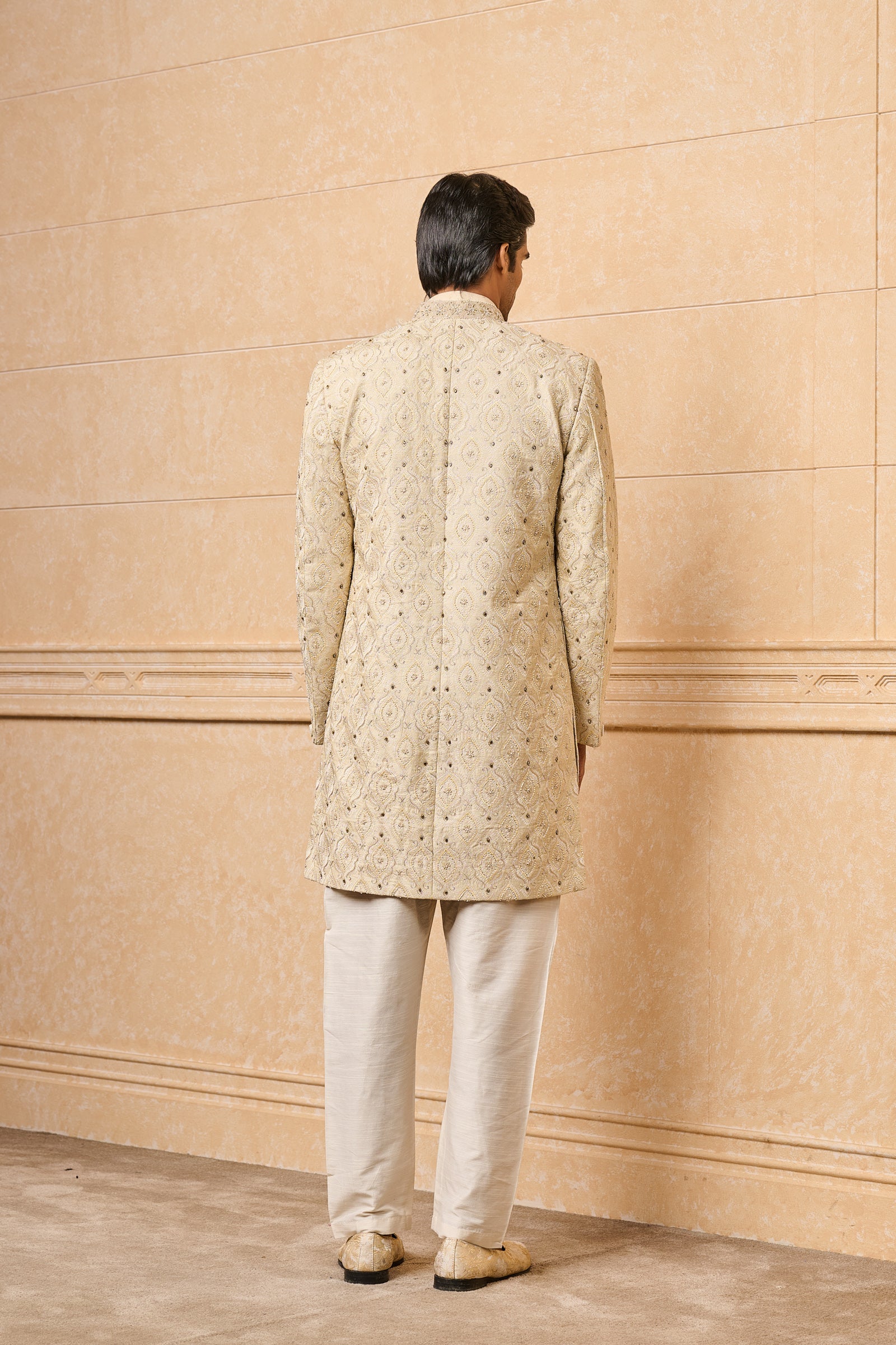 Cream Embroidered Sherwani With Jacquard Kurta