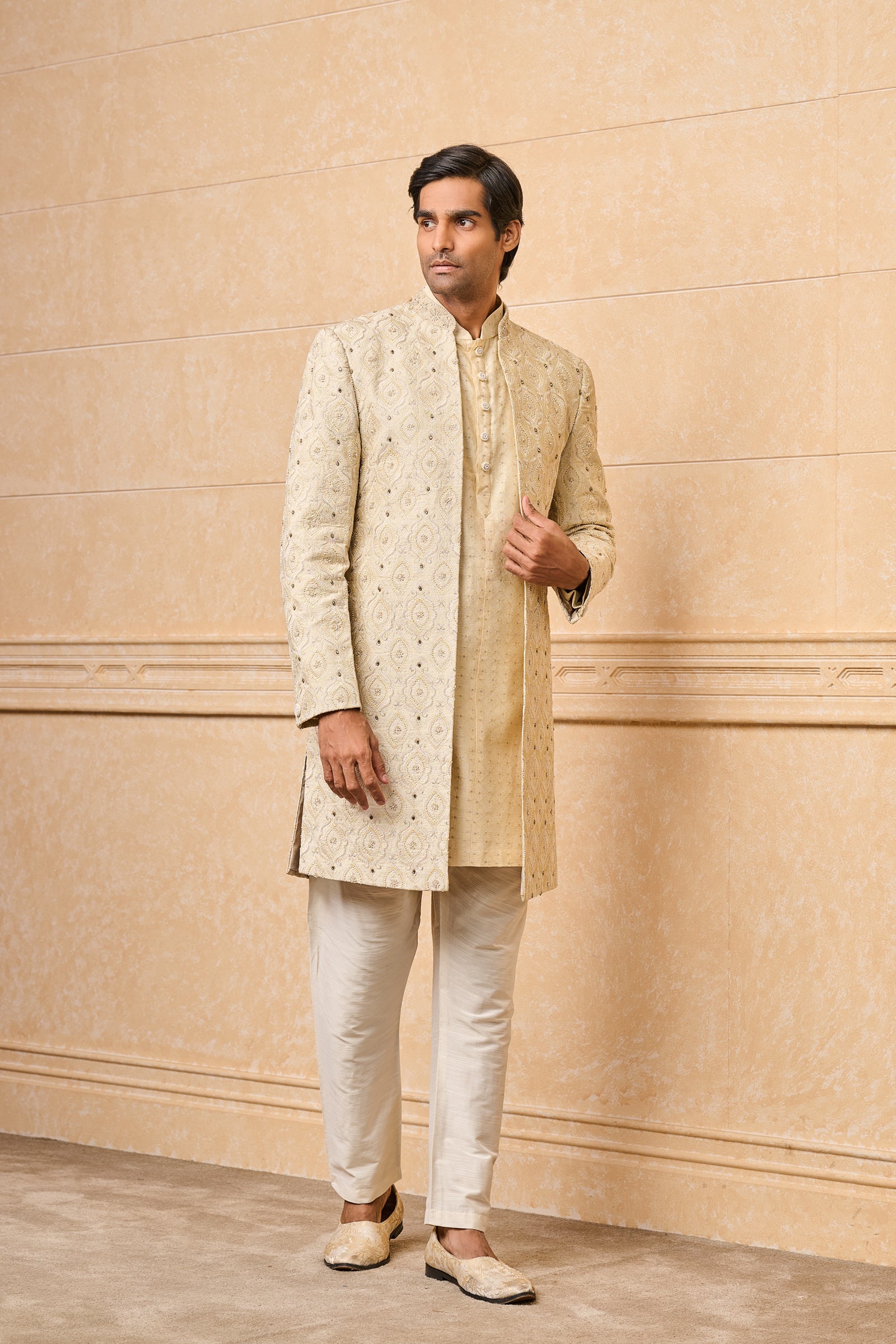 Cream Embroidered Sherwani With Jacquard Kurta