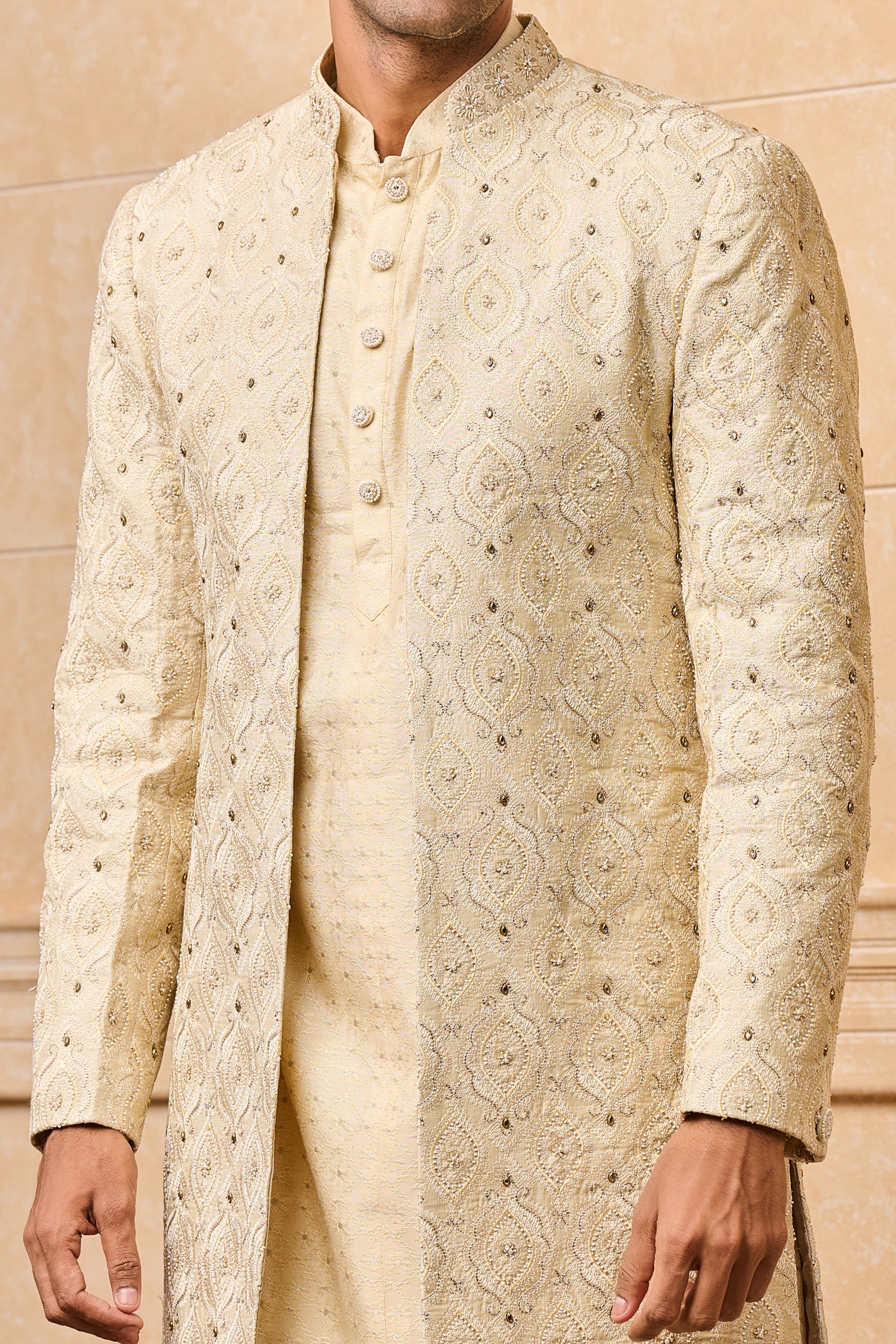 Cream Embroidered Sherwani With Jacquard Kurta