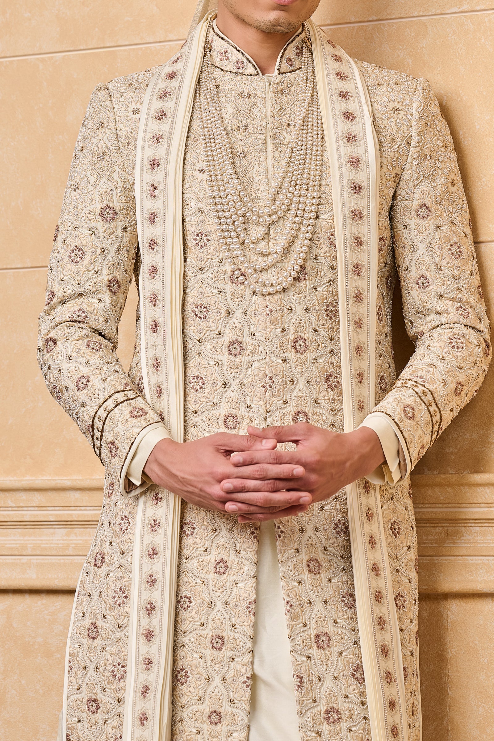 Ivory All Over Embroidered Sherwani With Stole