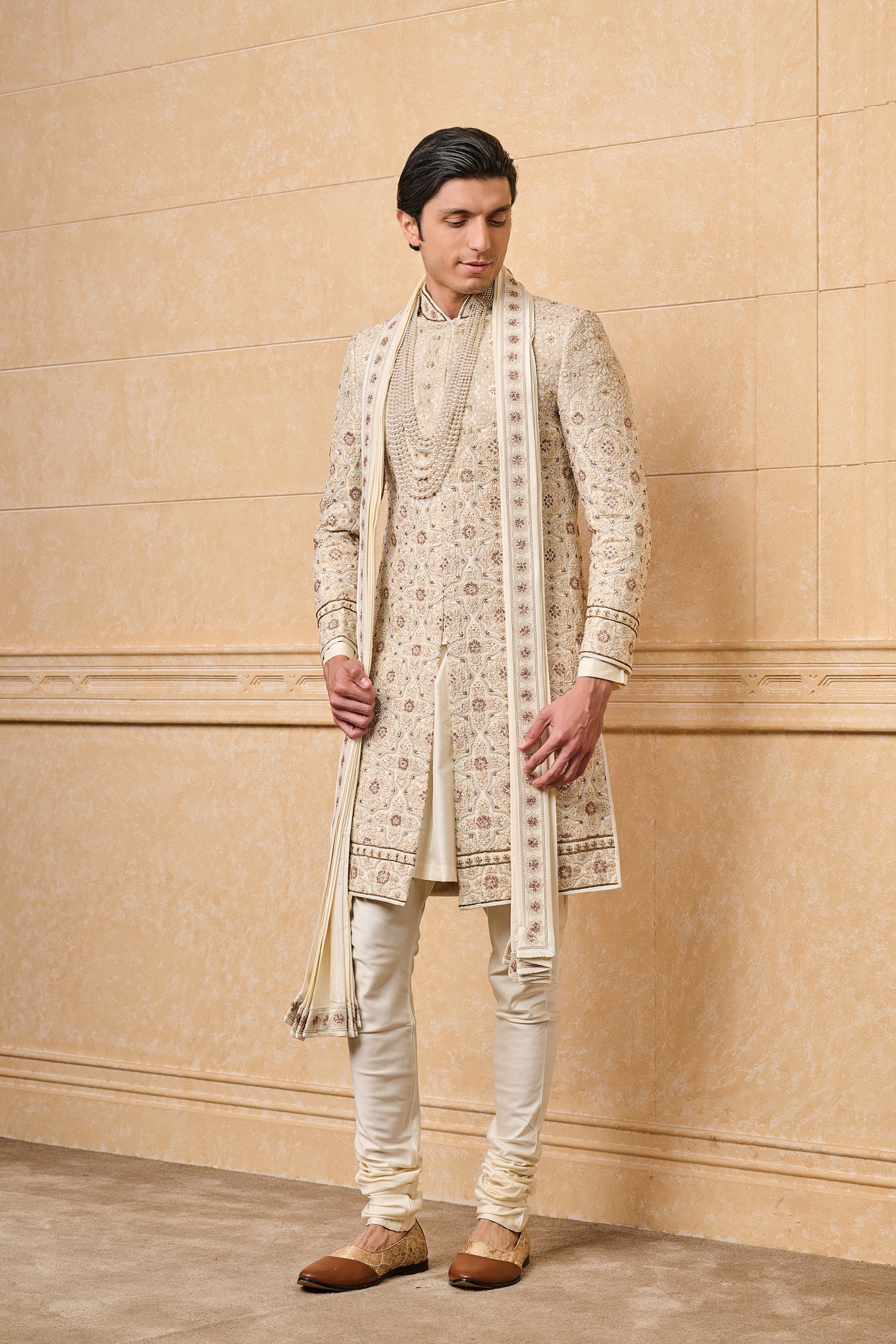 Ivory All Over Embroidered Sherwani With Stole