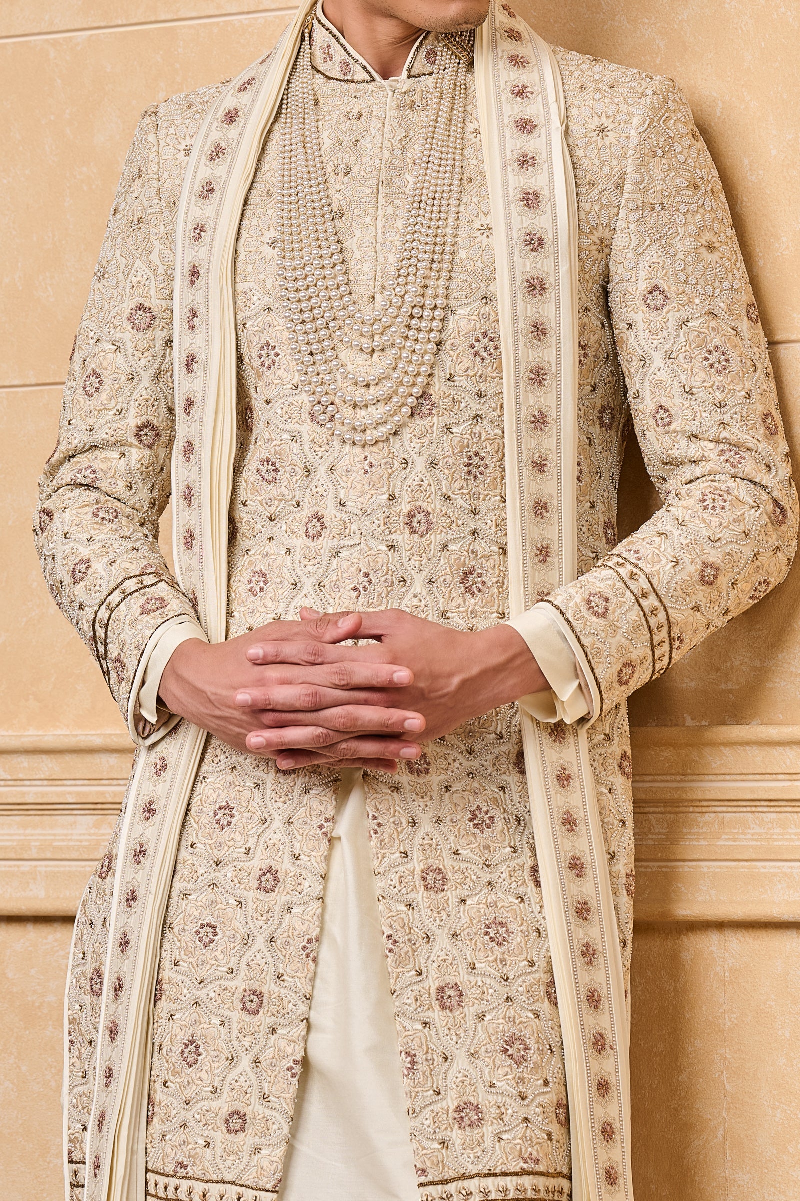 Ivory All Over Embroidered Sherwani With Stole