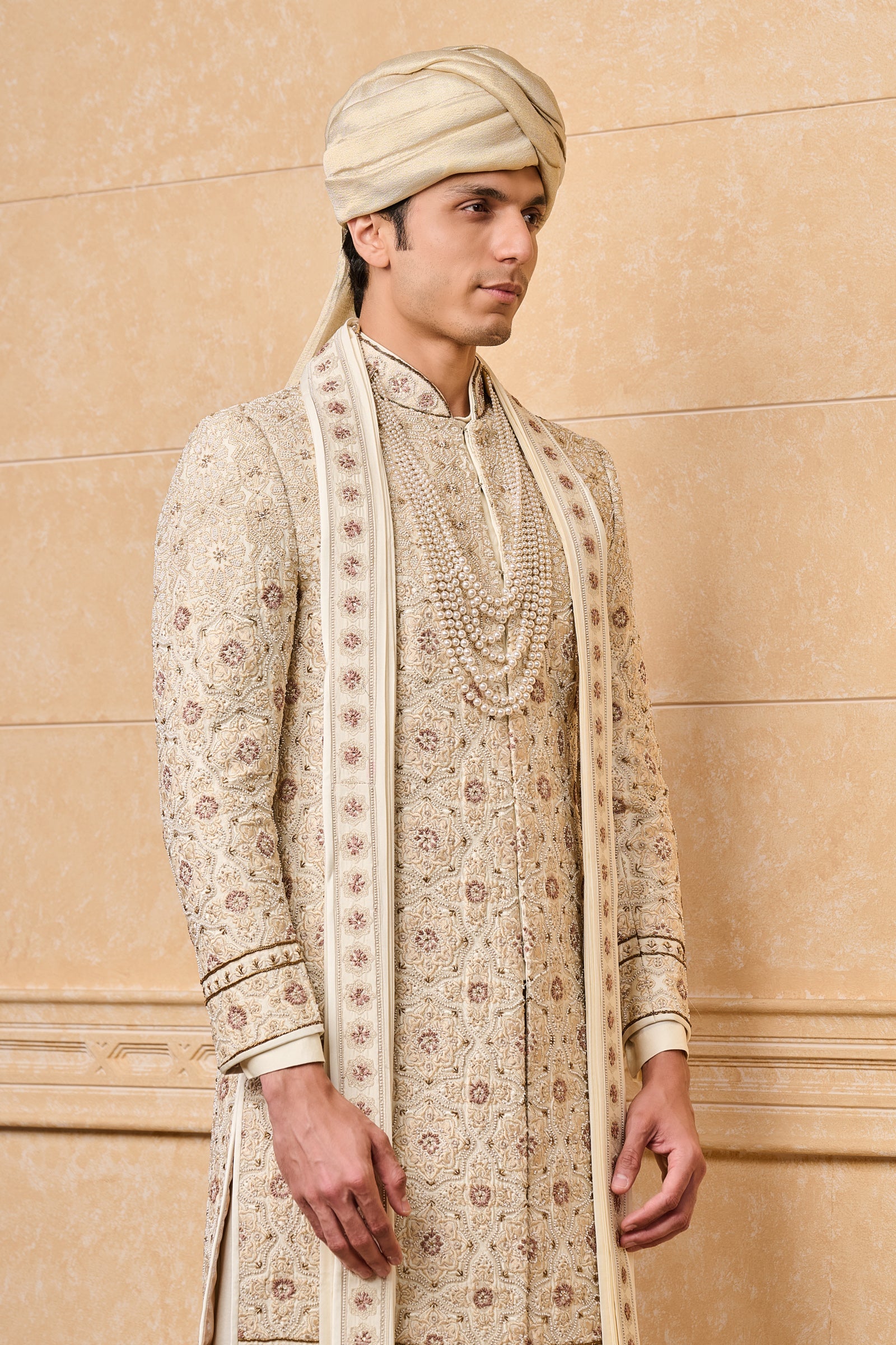 Ivory All Over Embroidered Sherwani With Stole