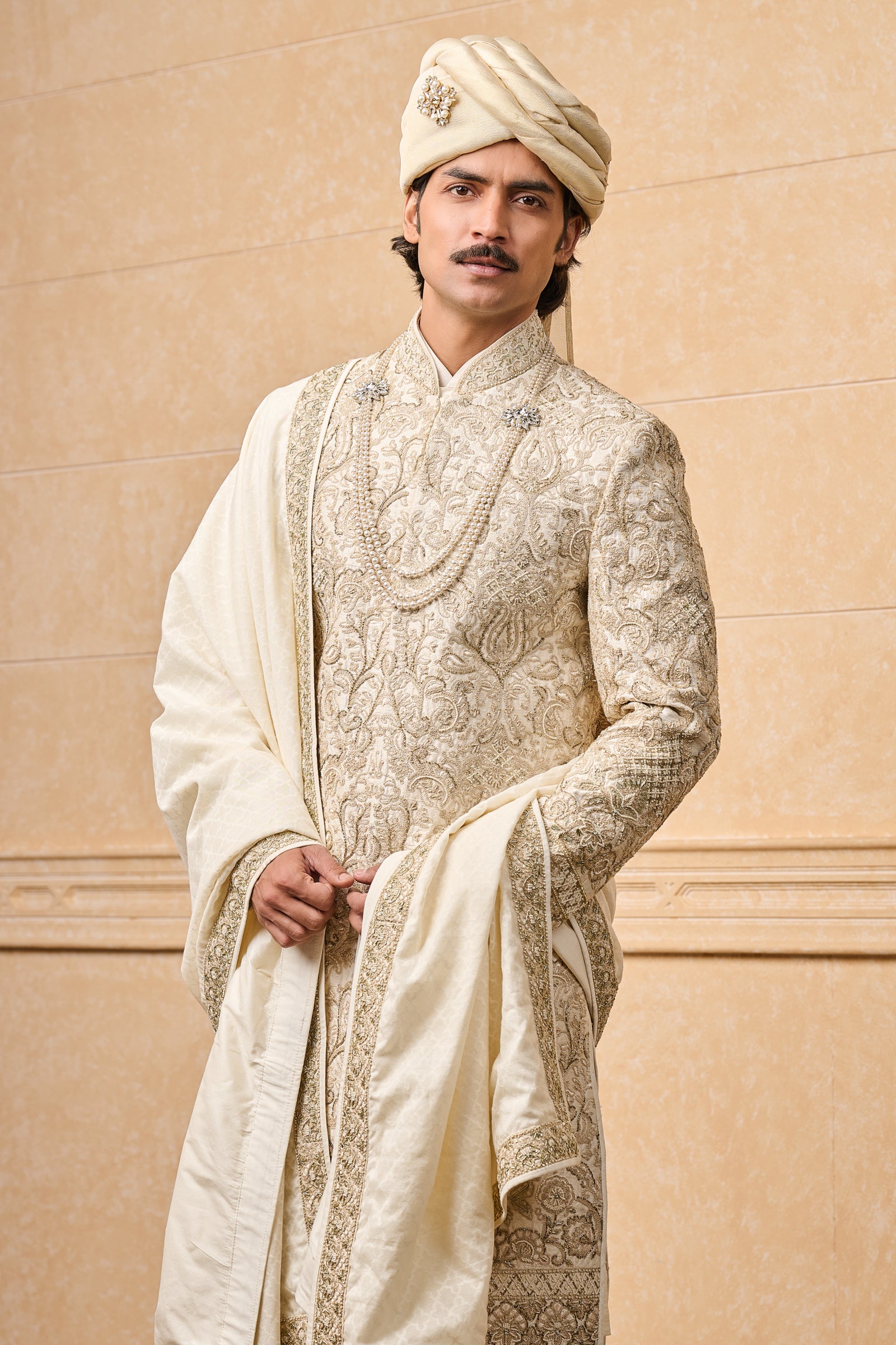 Ivory All Over Embroidered Silk Sherwani With Stole